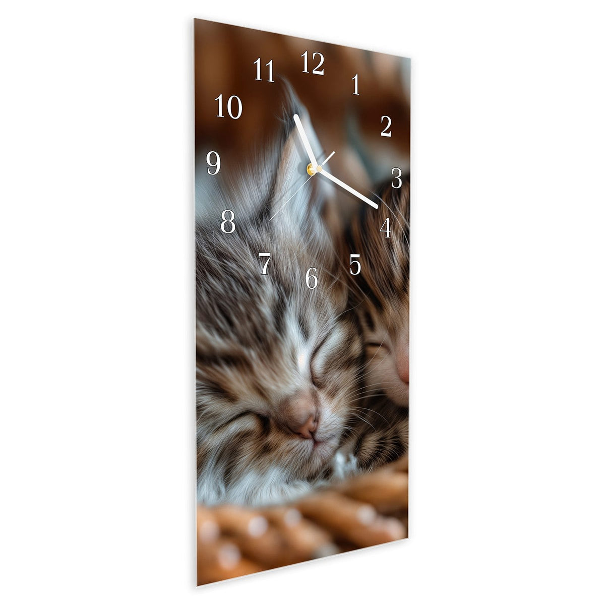 Vormontiert – mit Schwebeeffekt – Wanduhr Friedlich Schlafende Kätzchen aus Glas – Hochformat 30 × 60 cm