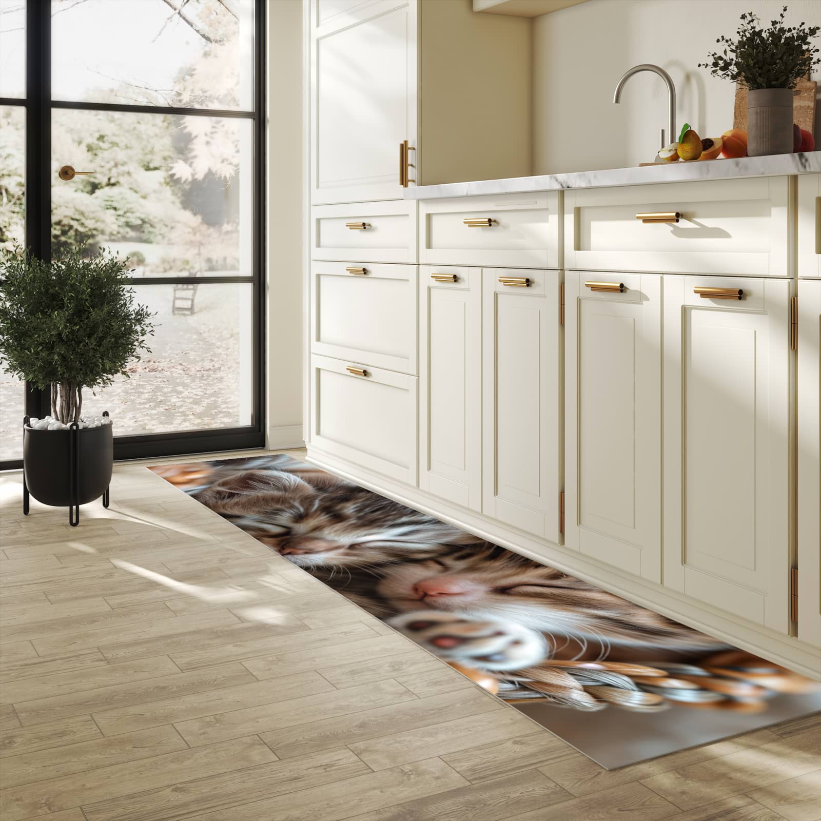 Schmutzabweisender waschbarer Küchenläufer mit Motiv Kätzchen von Schlafende in heller Küche