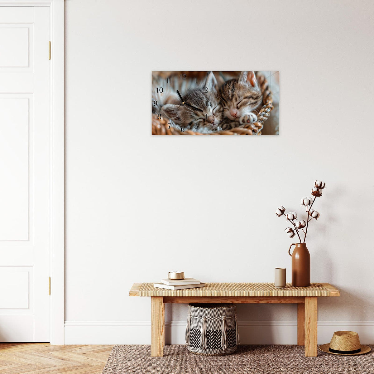 Moderne Wanduhr aus Glas mit Farbtiefe – Wanduhr Friedlich Schlafende Kätzchen aus Glas – Querformat 60 × 30 cm