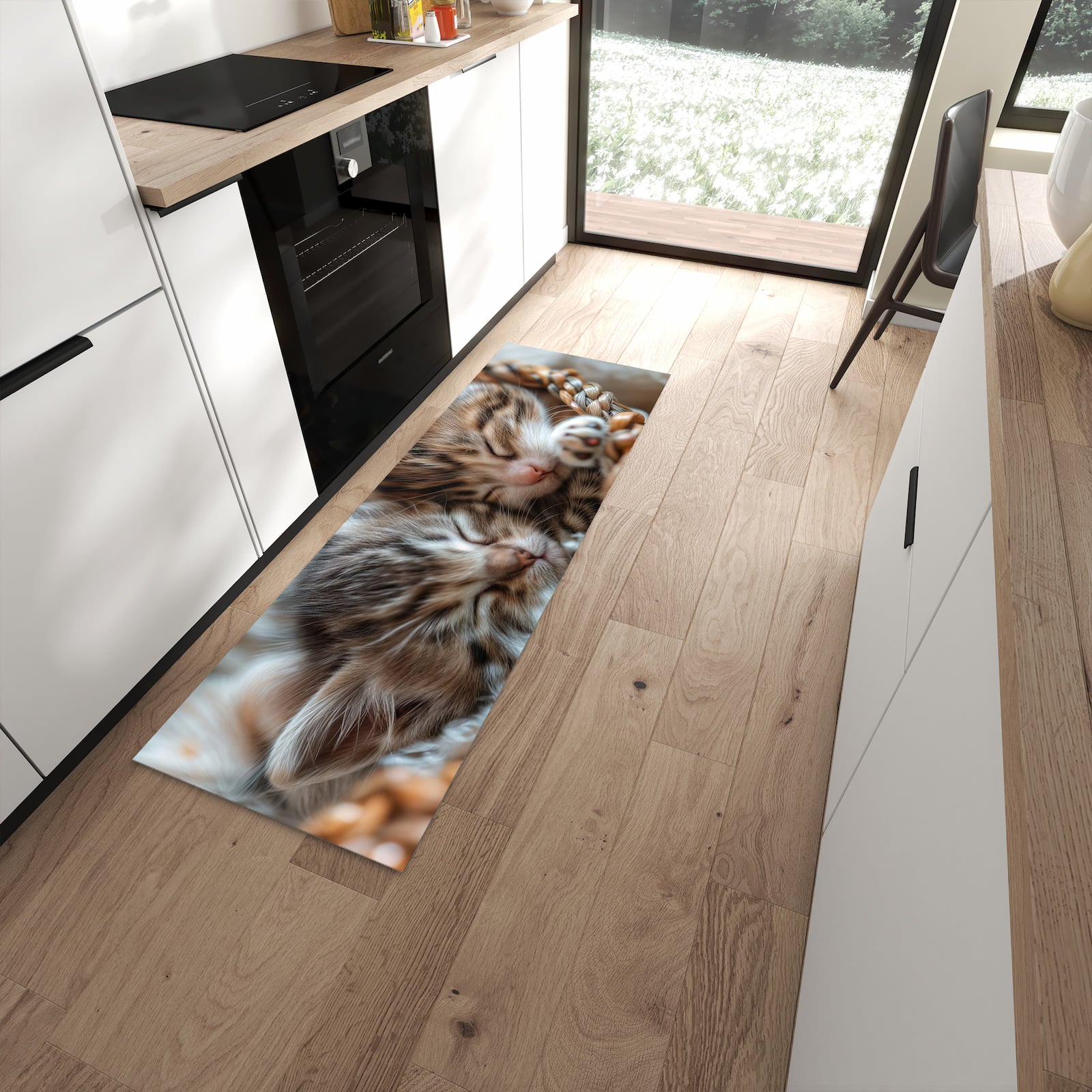 UV-beständiger Bodenläufer mit Motiv Kätzchen von Schlafende in moderner Küche