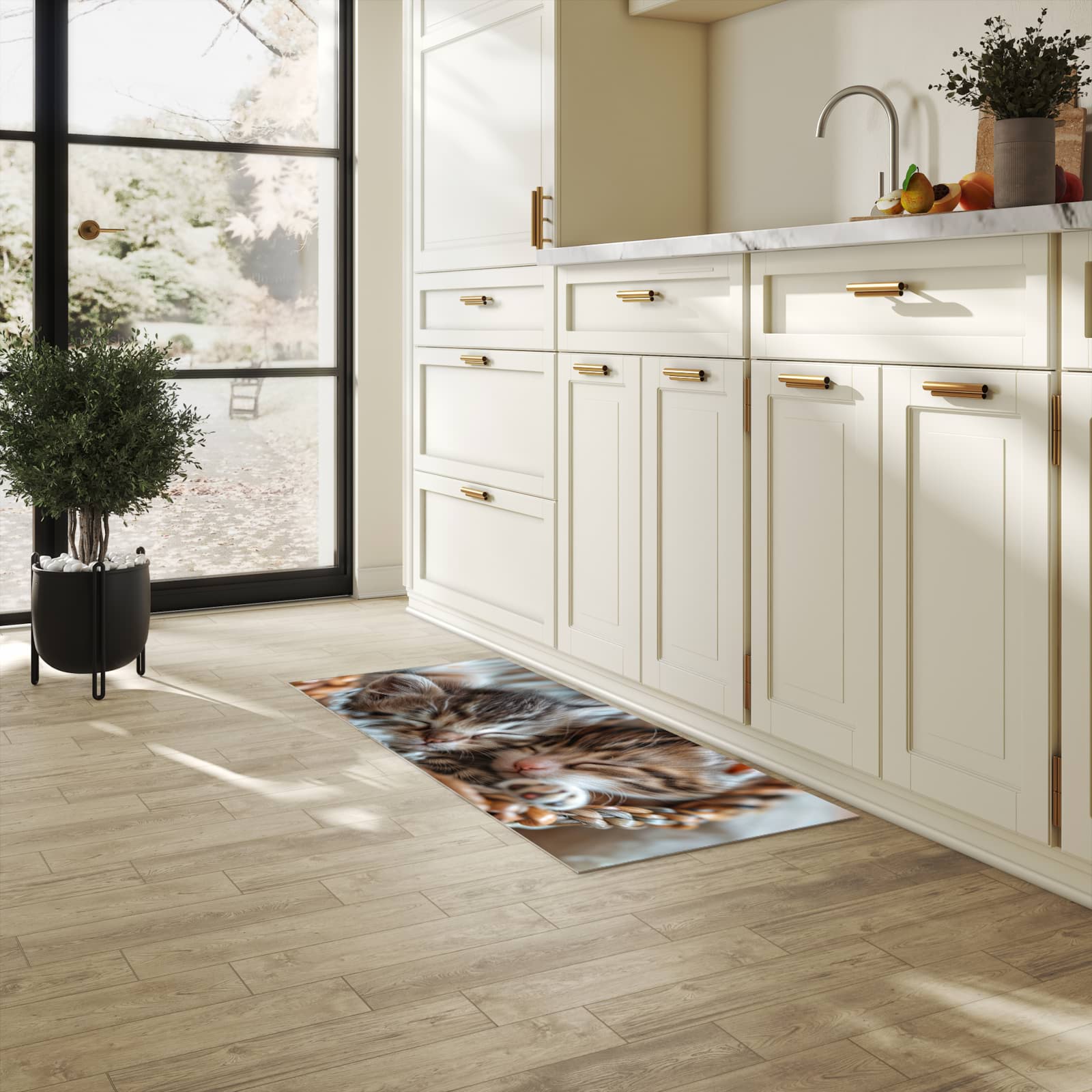 UV-beständiger Küchenläufer mit Motiv Kätzchen von Schlafende in heller Küche