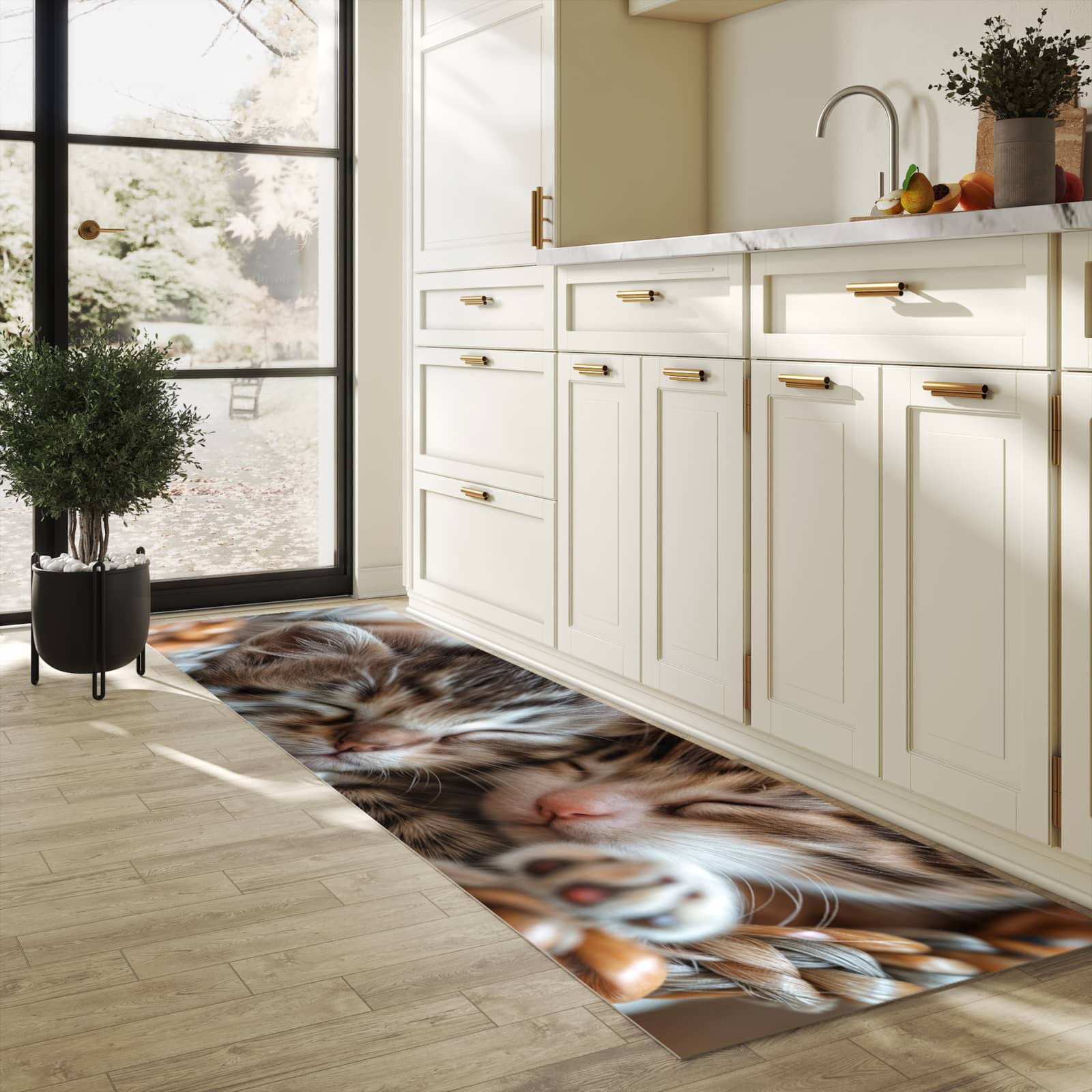 Komfortabler rutschfester Küchenteppich mit Motiv Kätzchen von Schlafende in heller Küche