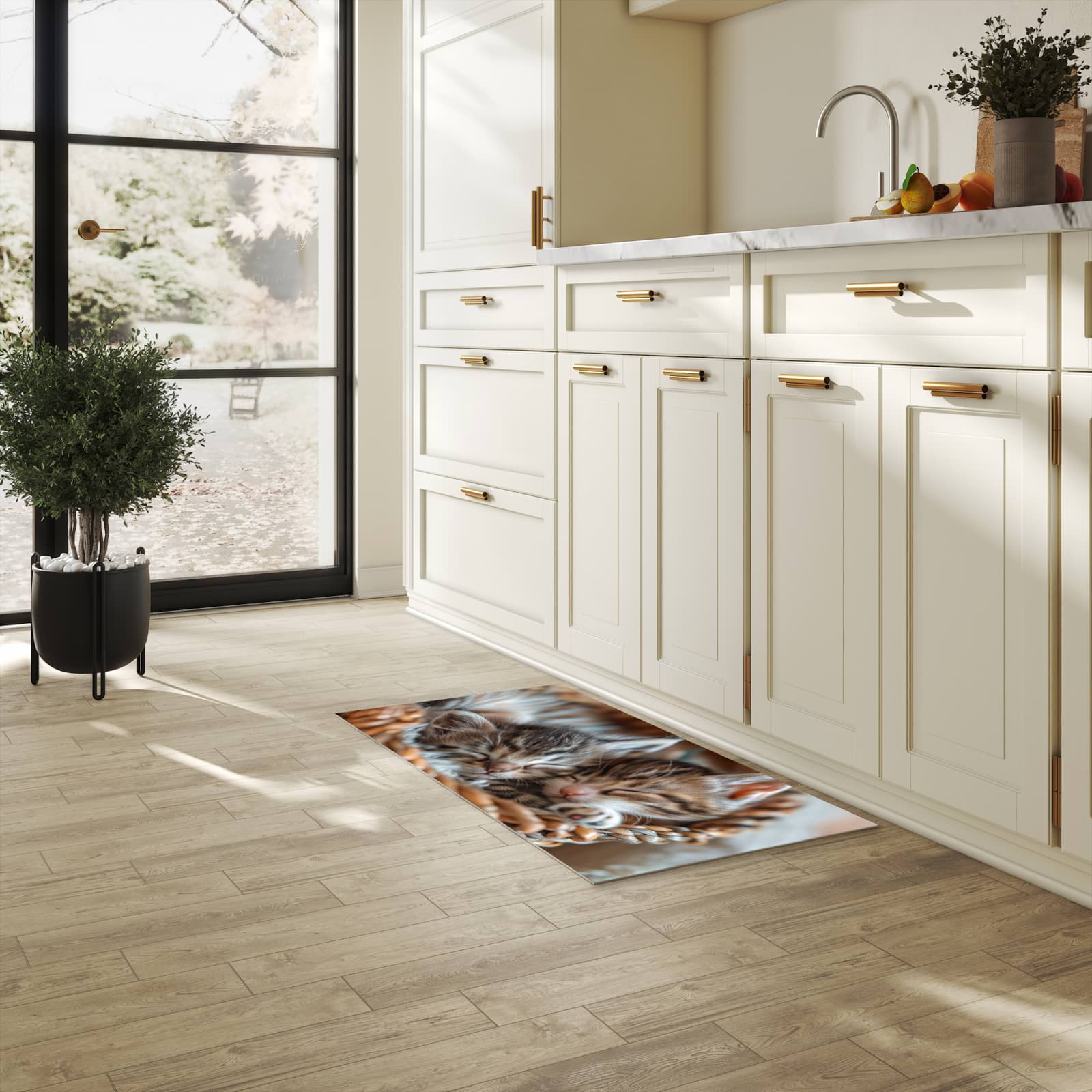 Abriebfester waschbarer Teppich Küche mit Motiv Kätzchen von Schlafende in heller Küche