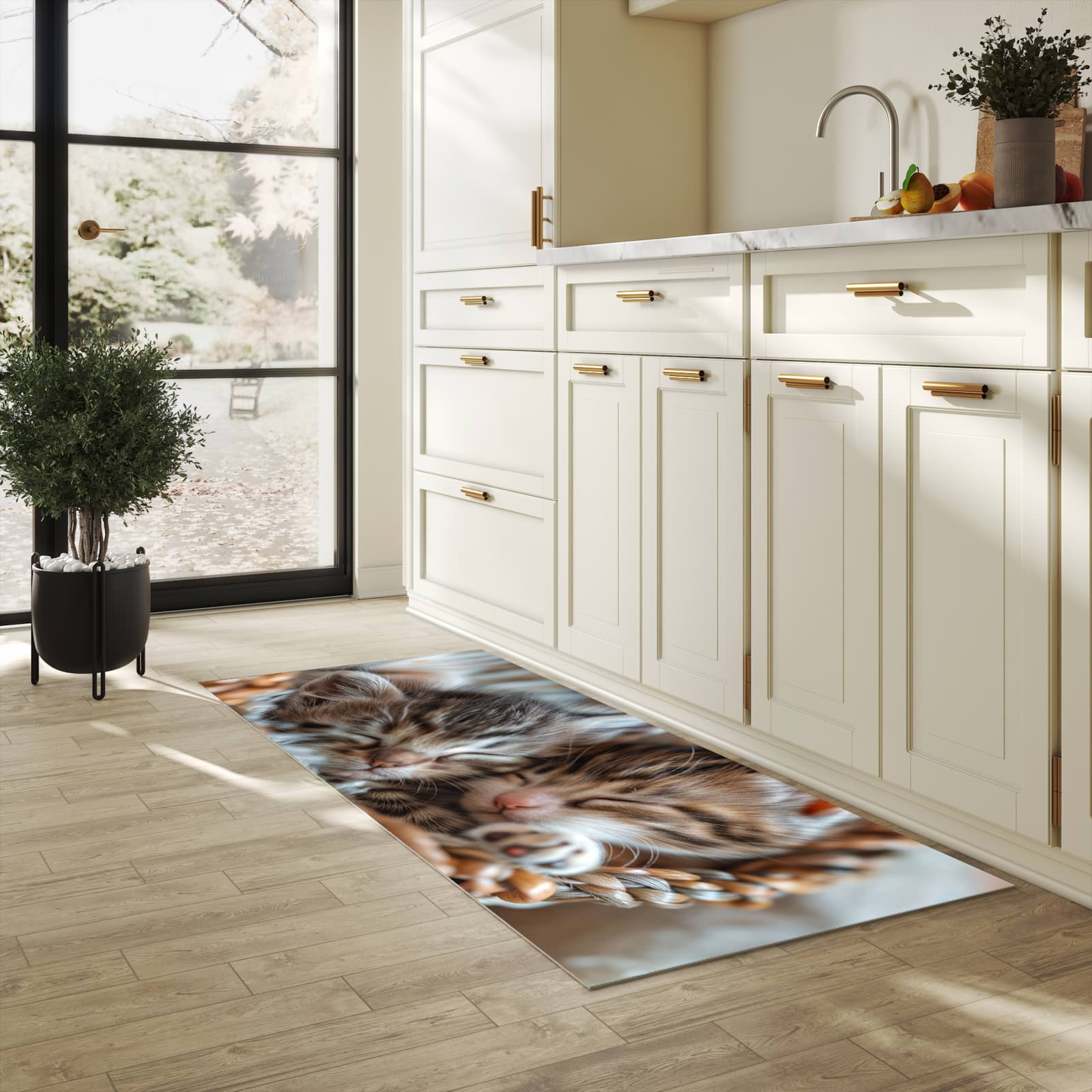 Langlebiger Läufer mit Motiv Kätzchen von Schlafende für Eingangsbereich in heller Küche