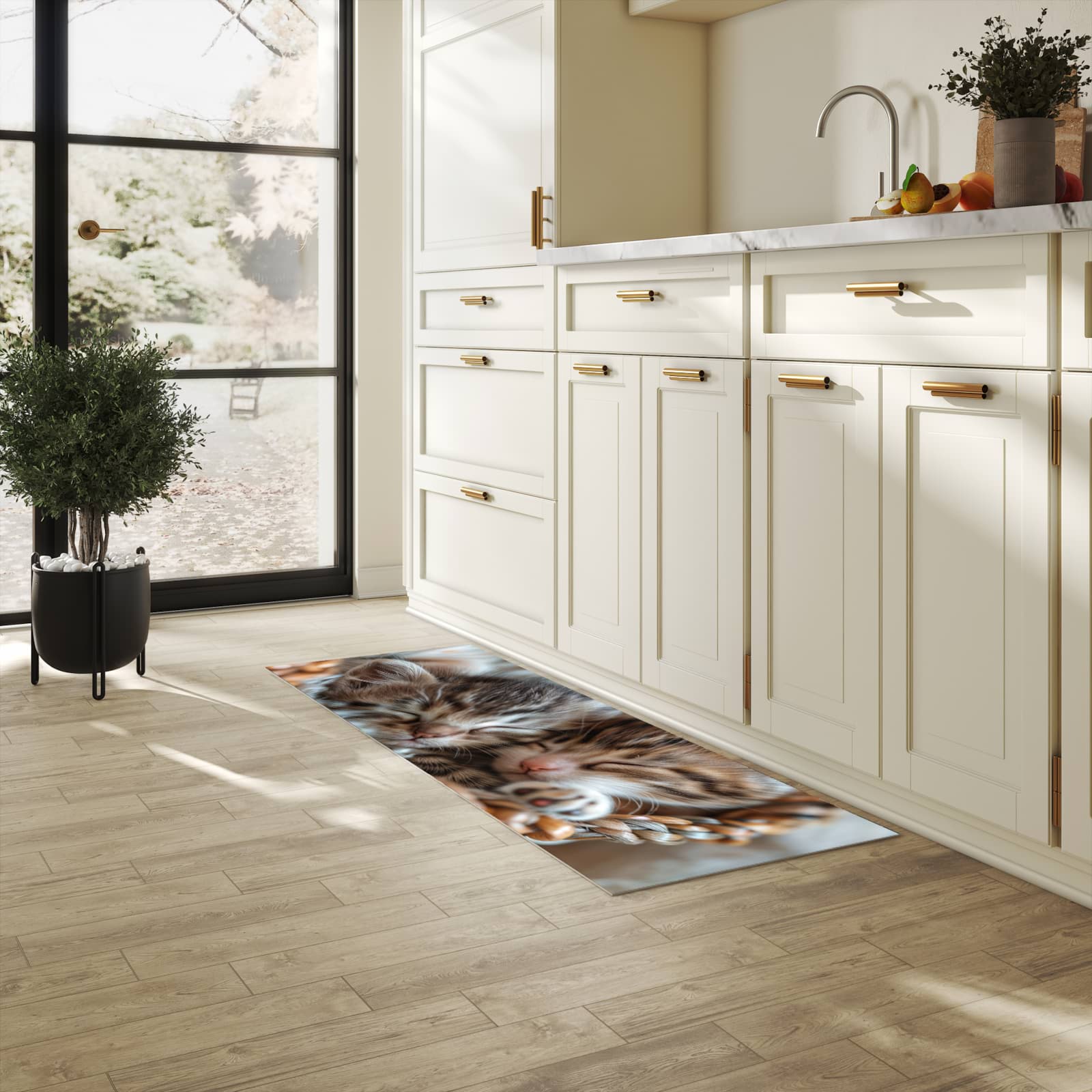 Komfortabler Küchenläufer mit Motiv Kätzchen von Schlafende in heller Küche für angenehmes Stehen