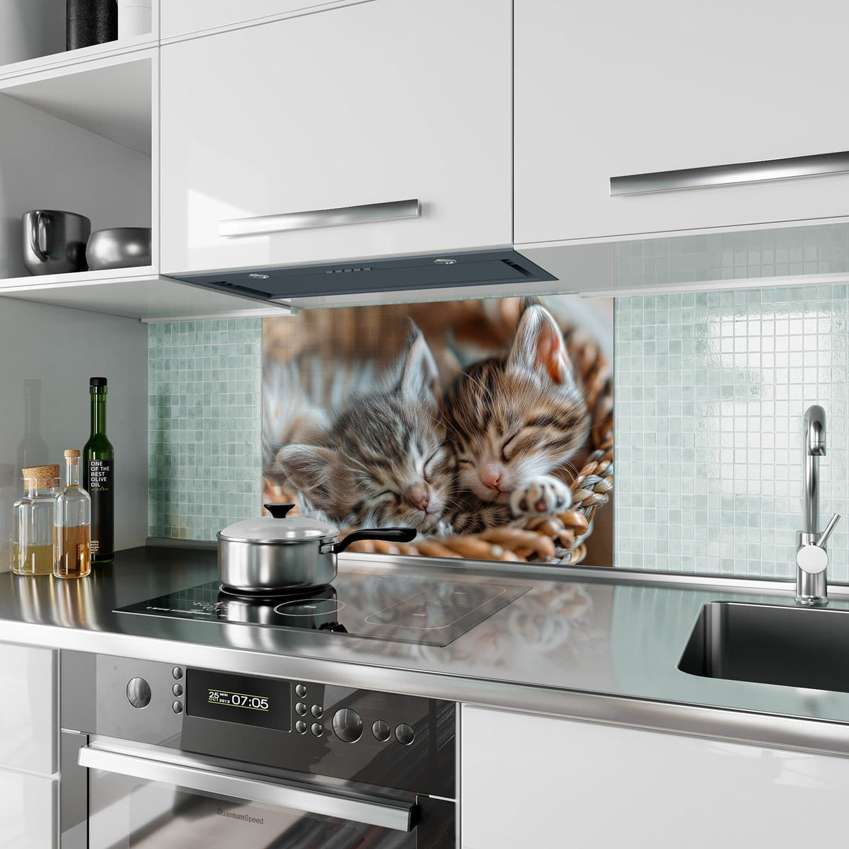 Küchenrückwand aus Glas Kätzchen im Korb im Hochformat als Spritzschutz hinter dem Kochfeld, über dem Fliesenspiegel montiert