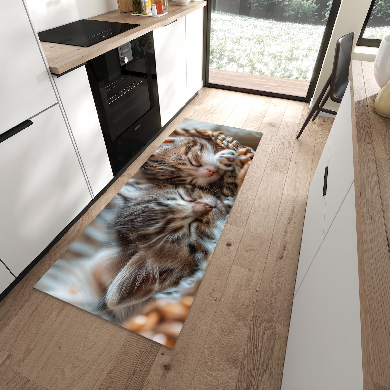 Geruchsneutraler rutschfester Küchenteppich mit Motiv Kätzchen von Schlafende in moderner Küche
