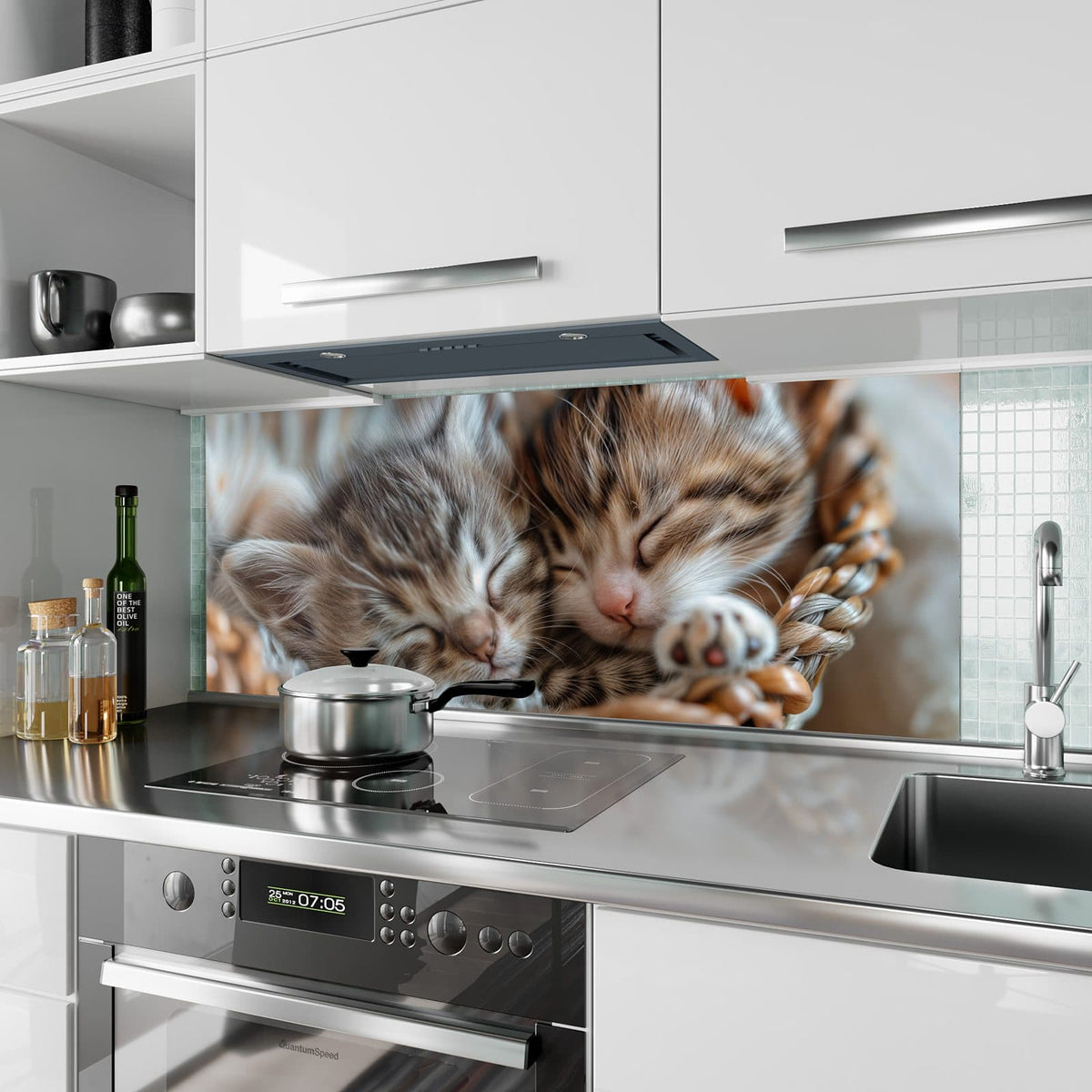 Küchenrückwand aus Glas Kätzchen im Korb im Hochformat als Spritzschutz hinter dem Kochfeld, über dem Fliesenspiegel montiert