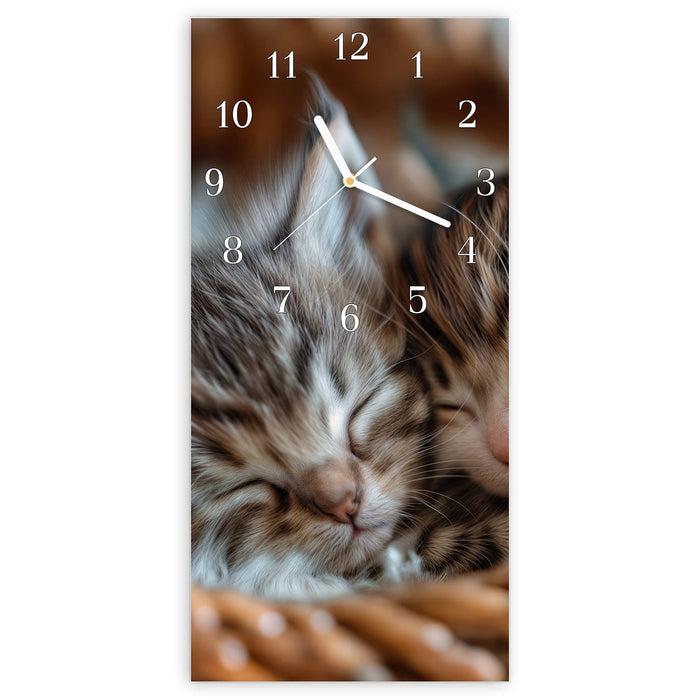 Wanduhr Friedlich Schlafende Kätzchen aus Glas – Hochformat 30 × 60 cm mit Ziffernblatt Klassisch
