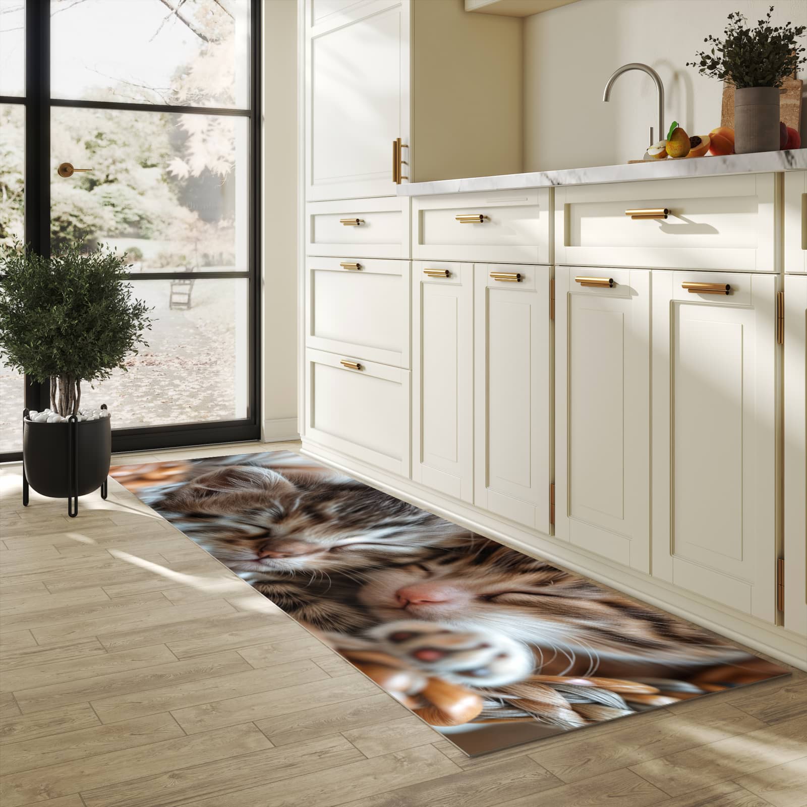 Pflegeleichter dünner Teppich mit Motiv Kätzchen von Schlafende in heller Küche