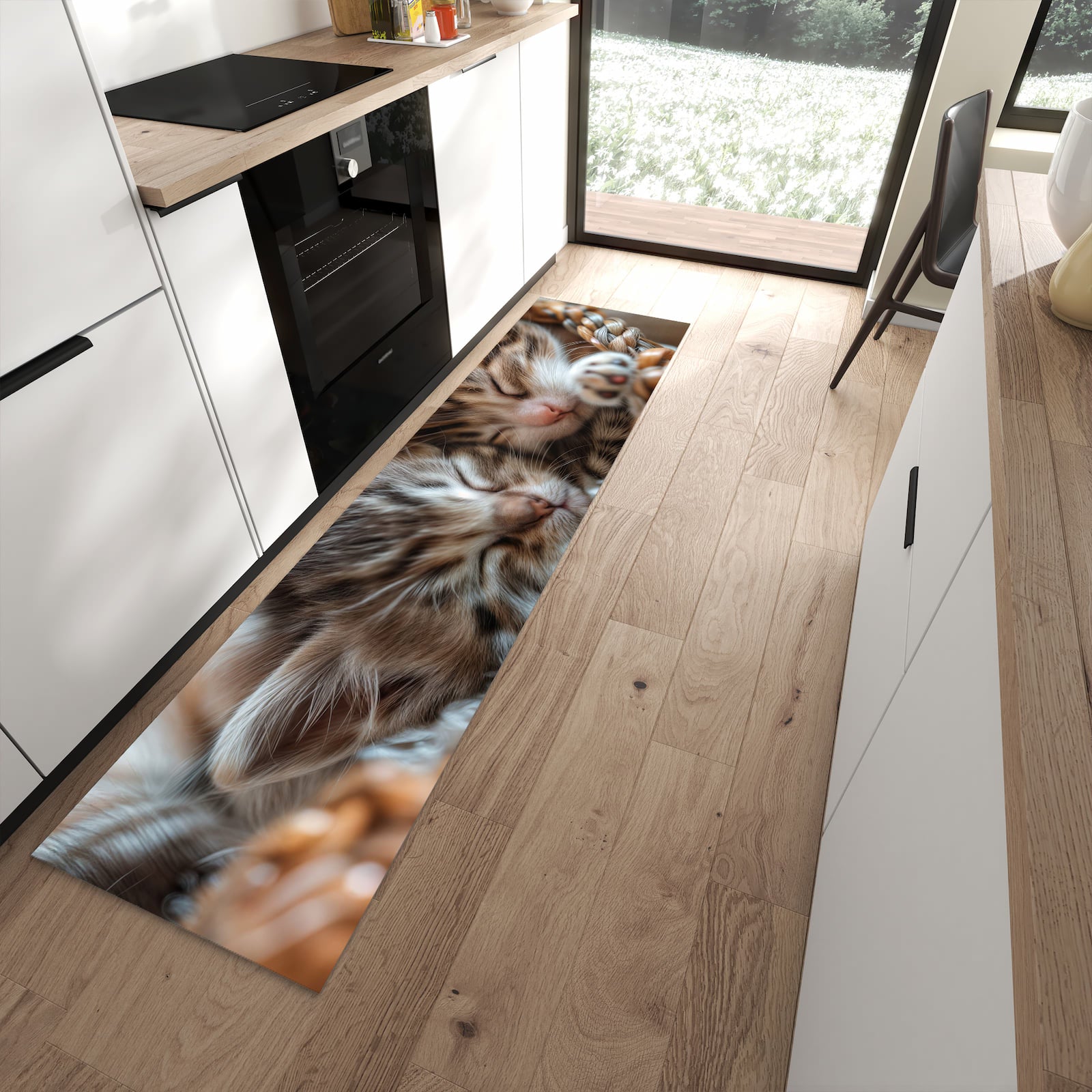Komfortabler Bodenläufer-Teppich mit Motiv Kätzchen von Schlafende in moderner Küche