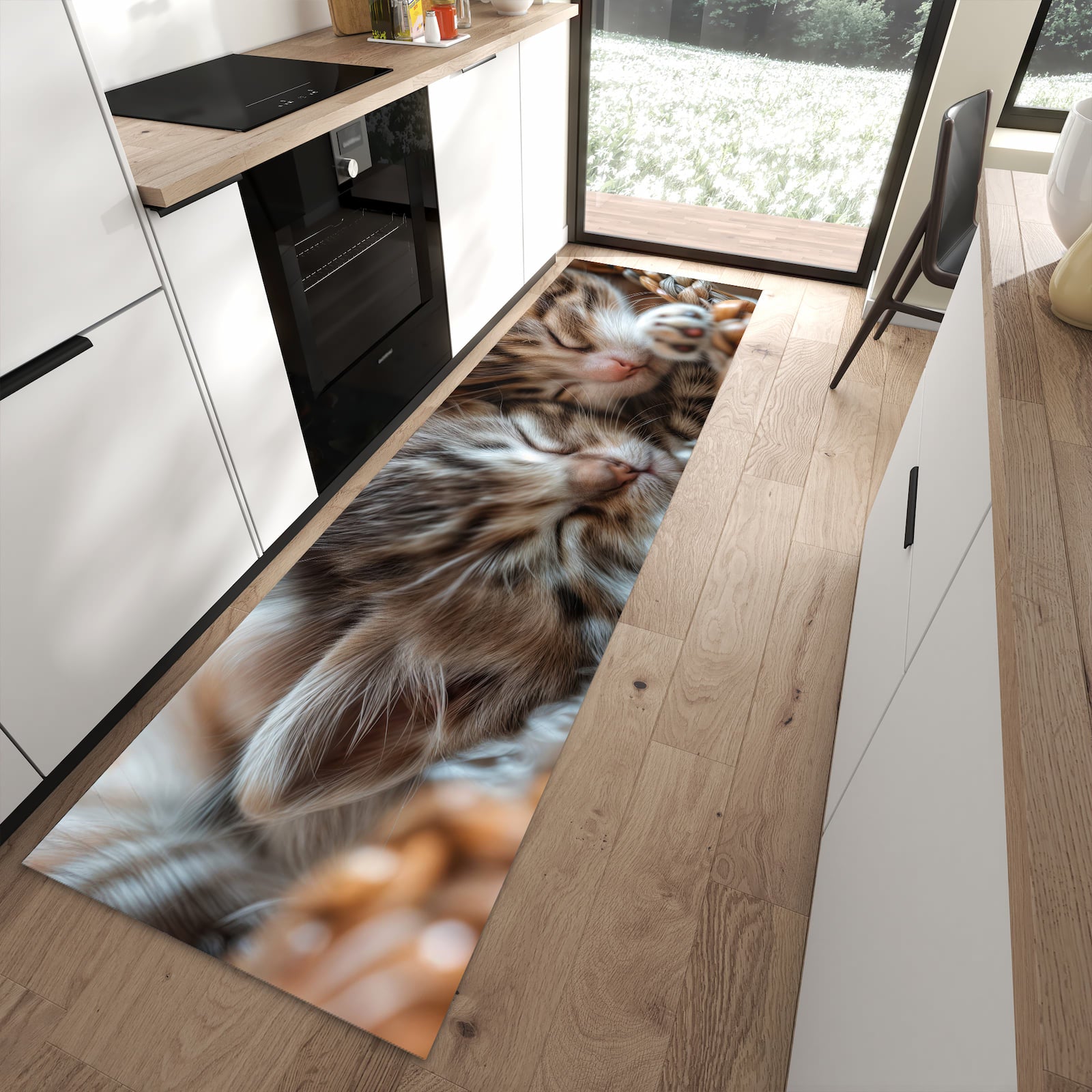 Flacher Küchenteppich mit Motiv Kätzchen von Schlafende in moderner Küche - waschbar