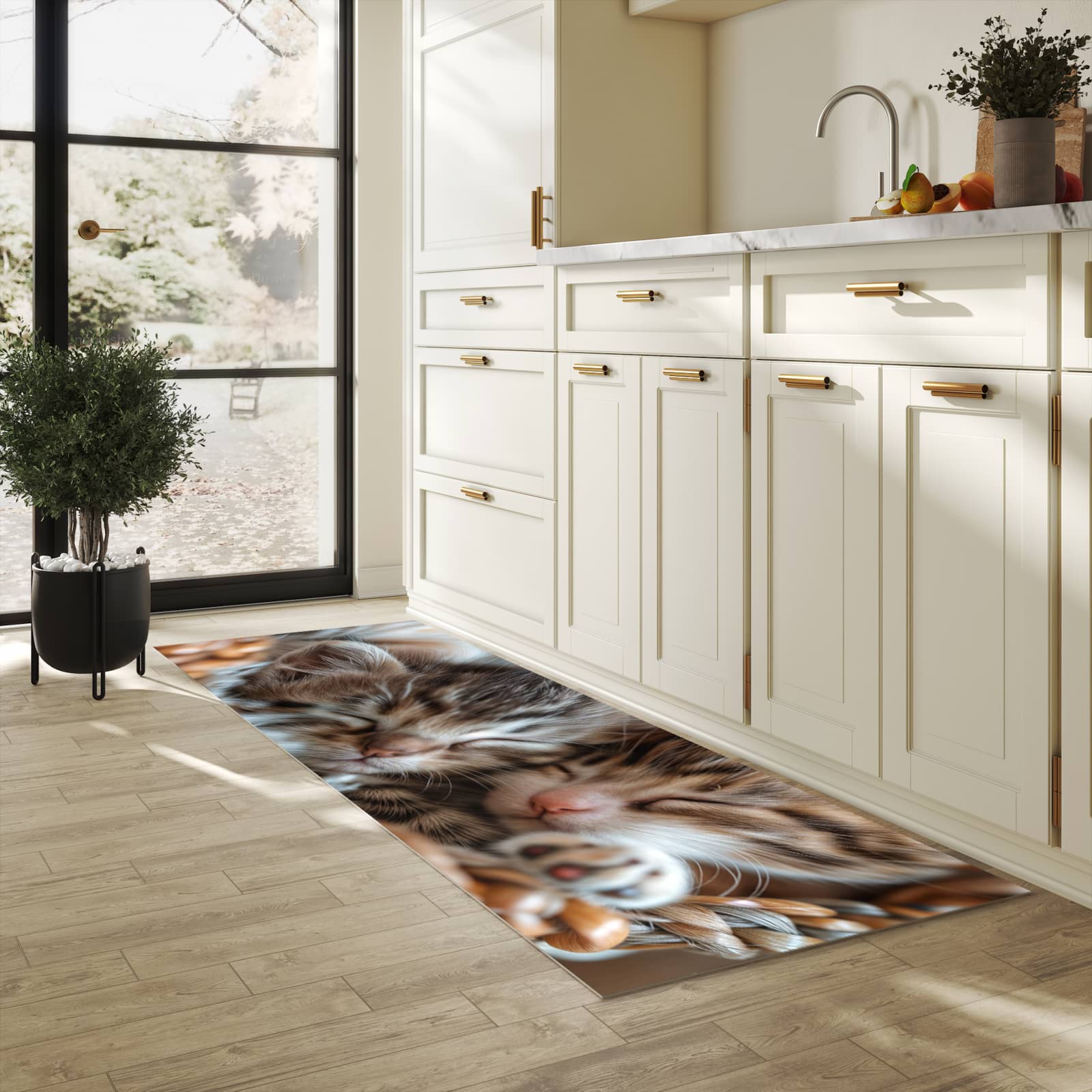 Flacher Läufer mit Motiv Kätzchen von Schlafende für rutschfesten Halt in heller Küche