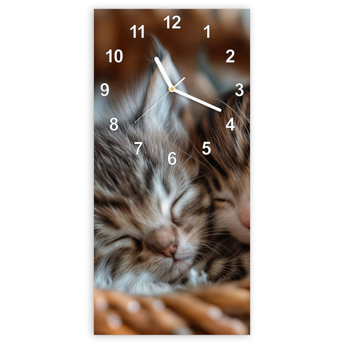 Wanduhr Friedlich Schlafende Kätzchen aus Glas – Hochformat 30 × 60 cm mit Ziffernblatt Modern