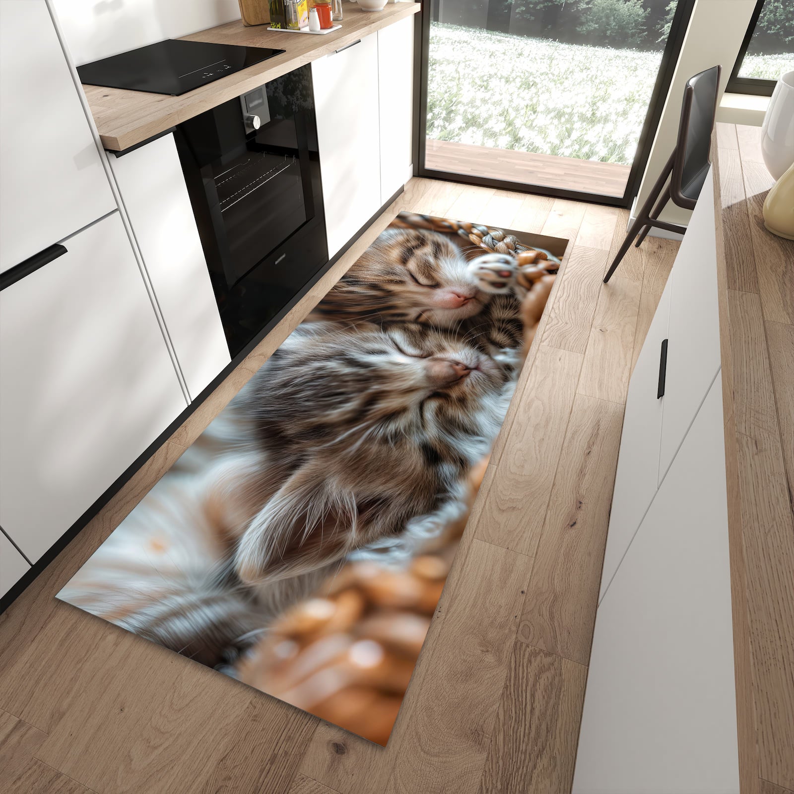 Rutschfester Küchenteppich mit Motiv Kätzchen von Schlafende in moderner Küche