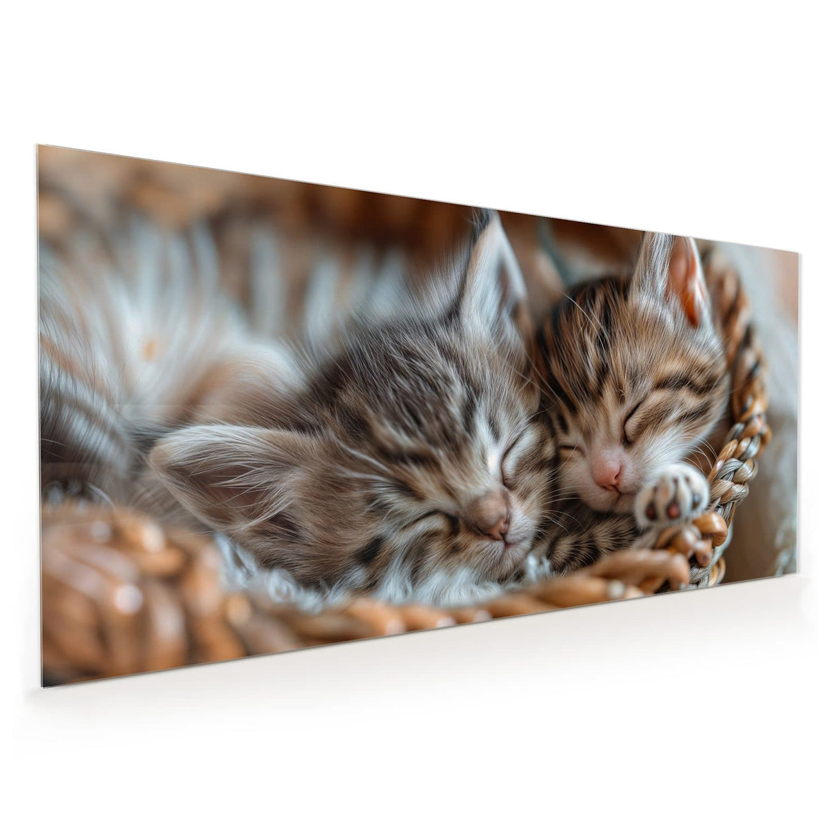 Küchenrückwand aus Glas im Hochformat mit Motiv Kätzchen im Korb: Zwei getigerte Kätzchen schlafen aneinandergeschmiegt in einem Weidenkorb