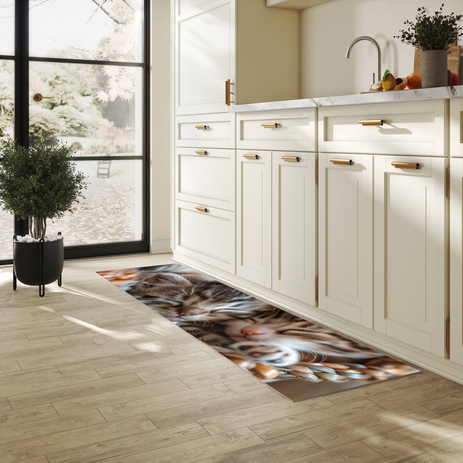 Wasserabweisender Teppichläufer mit Motiv Kätzchen von Schlafende in heller Küche