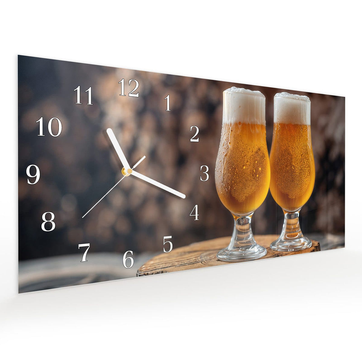 Vormontiert – mit Schwebeeffekt – Wanduhr Bier auf Holz aus Glas – Querformat 60 × 30 cm
