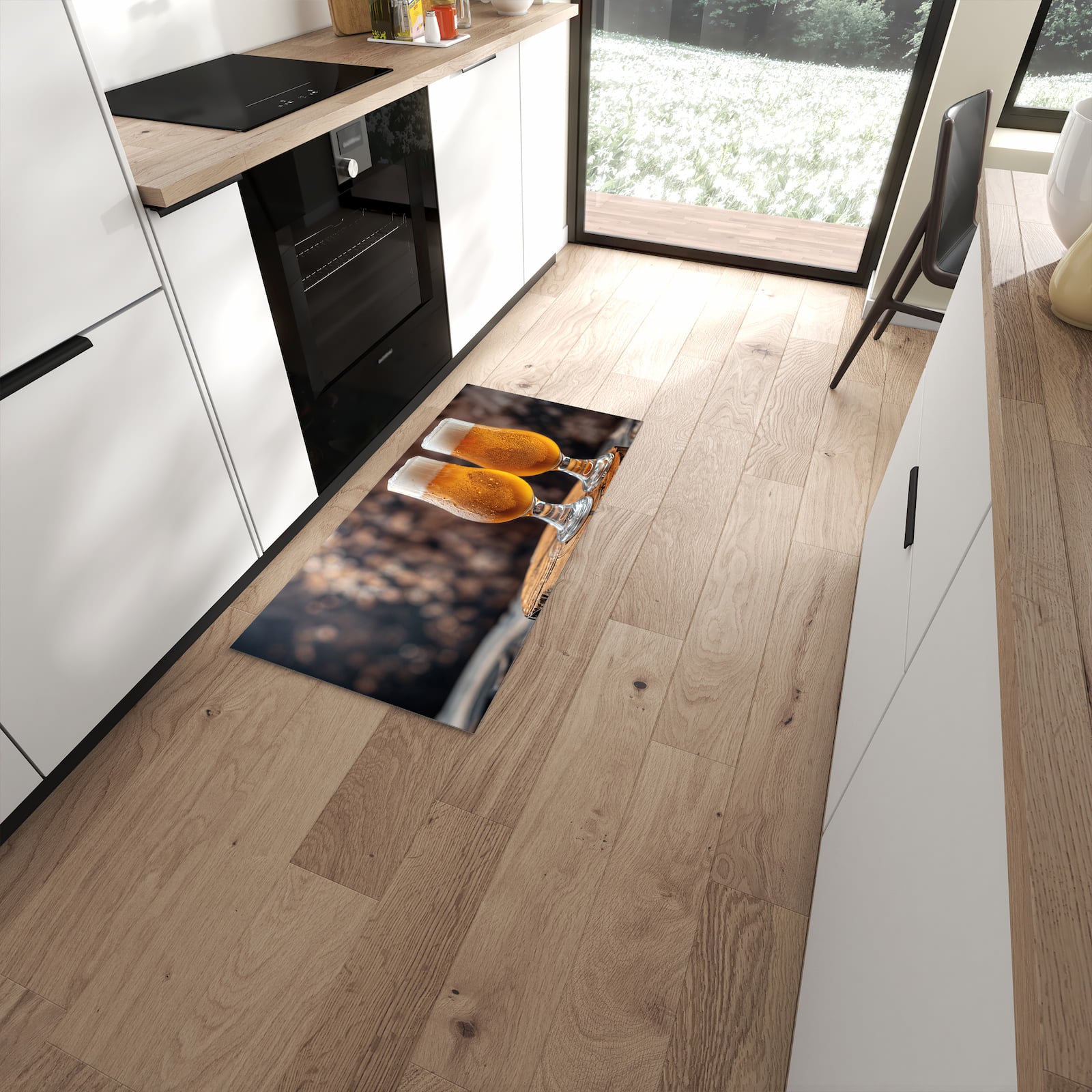 Hygienischer Küchenteppich mit Motiv Bier auf Holz in moderner Küche - waschbar #grösse_60 x 120 cm