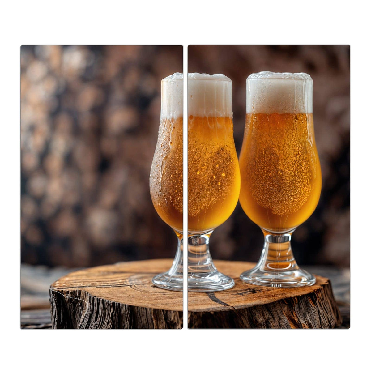 Zwei Tulpengläser mit hellem Bier und Schaumkrone auf einem Baumstumpf, Holzstapel dahinter