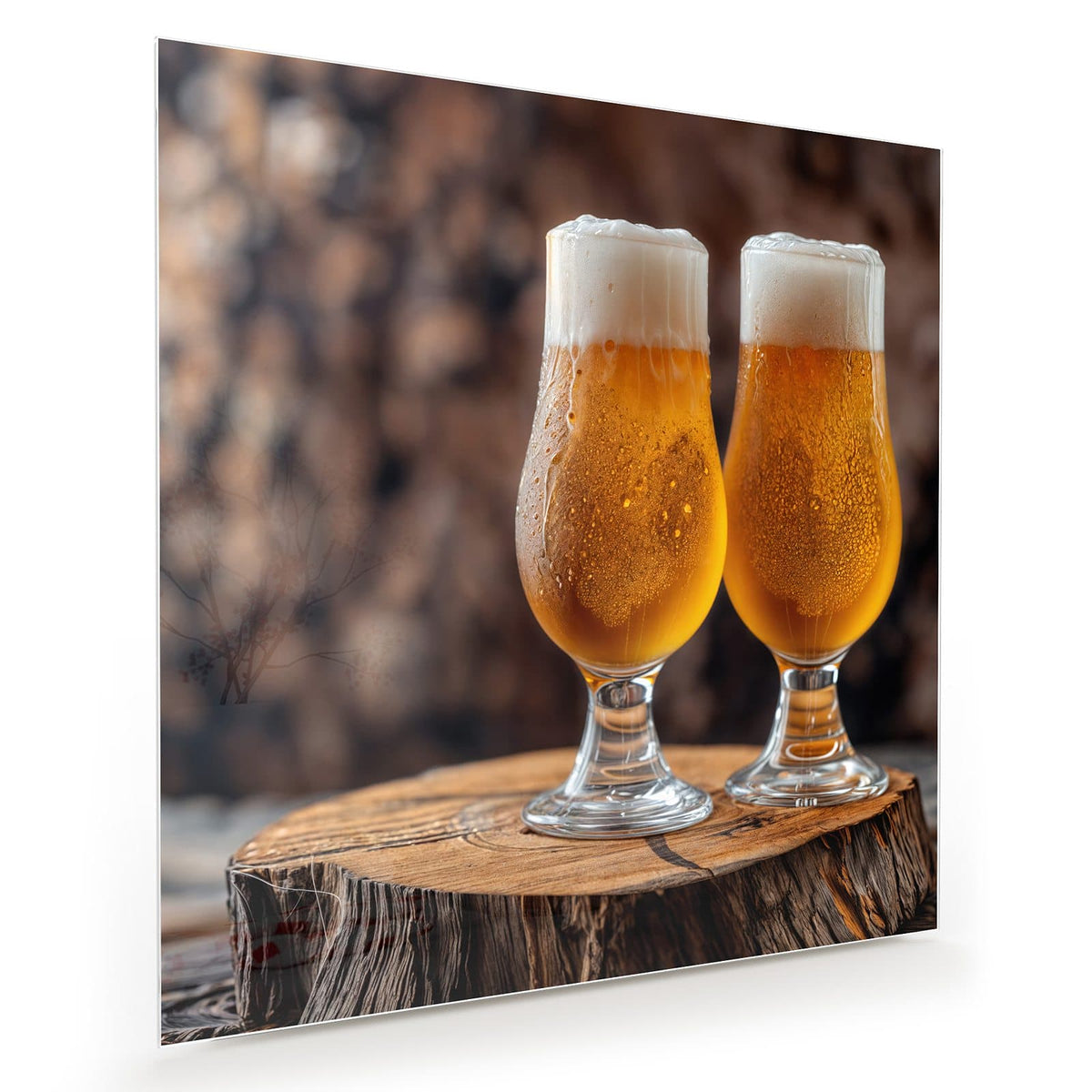 Zwei Tulpengläser mit hellem Bier und Schaumkrone auf einem Baumstumpf, Holzstapel dahinter
