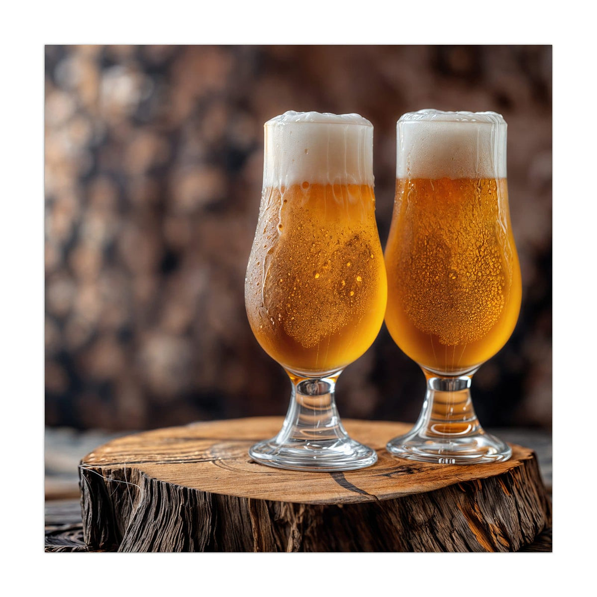 Zwei Tulpengläser mit hellem Bier und Schaumkrone auf einem Baumstumpf, Holzstapel dahinter