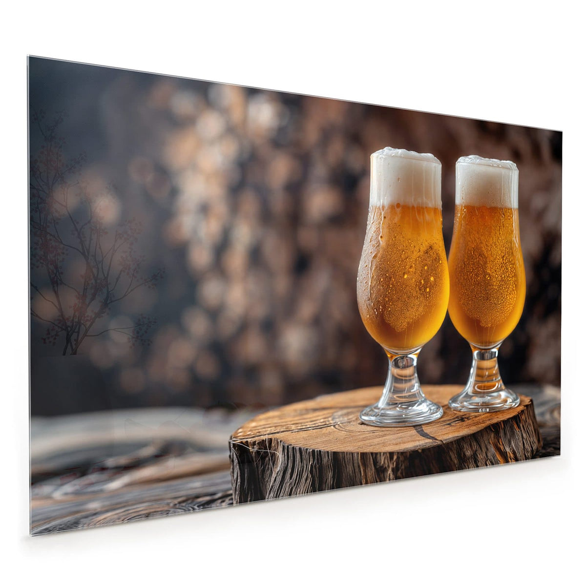 Küchenrückwand aus Glas im Hochformat: Zwei Tulpengläser mit hellem Bier und Schaumkrone auf einem Baumstumpf, Holzstapel dahinter