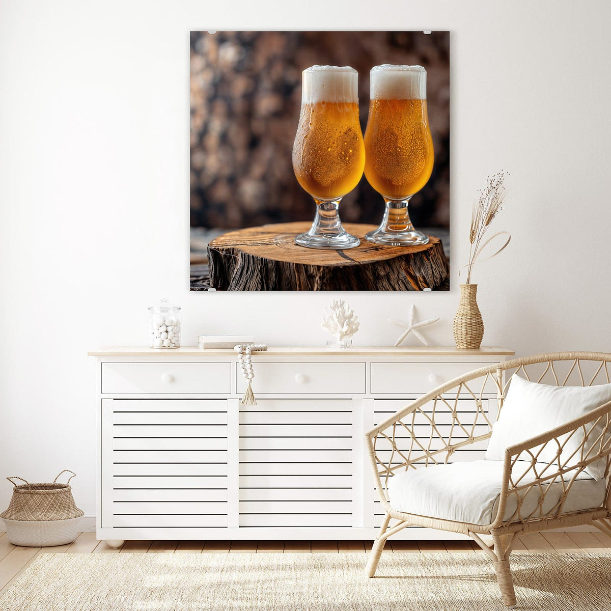 Echtglas, 4 mm – kein Acryl, keine Folie – Wandbild - Bier auf Holzstumpf - Quadratisch
