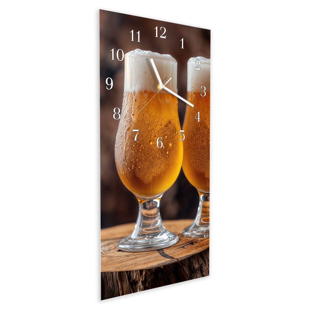 Vormontiert – mit Schwebeeffekt – Wanduhr Bier auf Holz aus Glas – Hochformat 30 × 60 cm