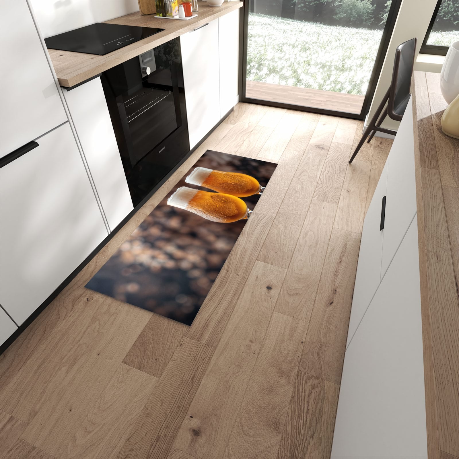 Strapazierfähiger Küchenläufer mit Motiv Bier auf Holz in moderner Küche #grösse_60 x 150 cm