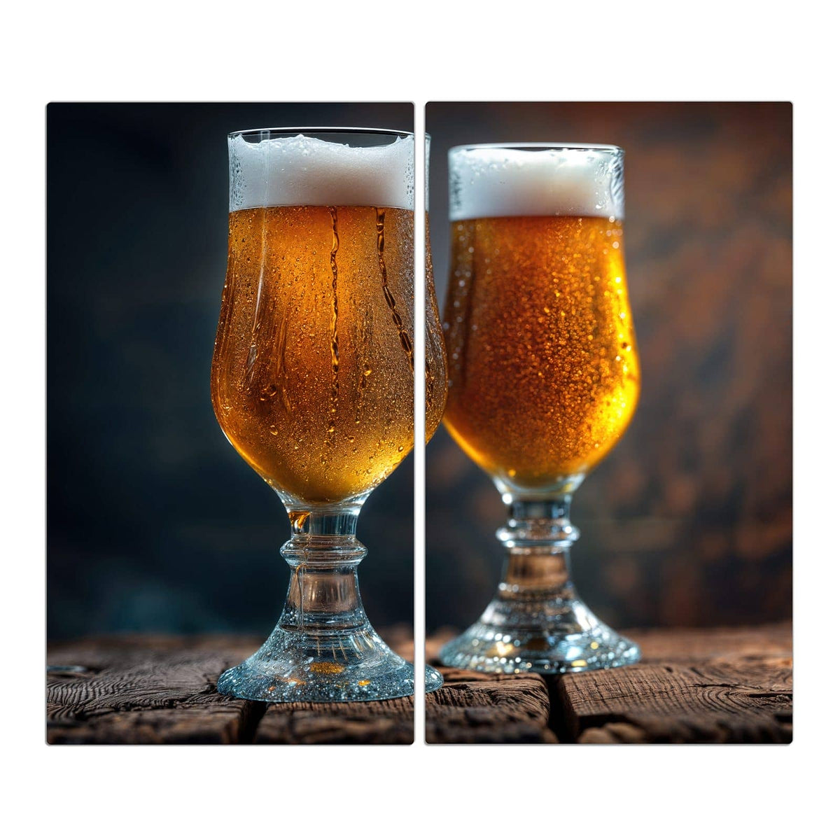 Zwei beschlagene Pokalgläser mit goldenem Bier und dicker weißer Schaumkrone auf dunklem Holz