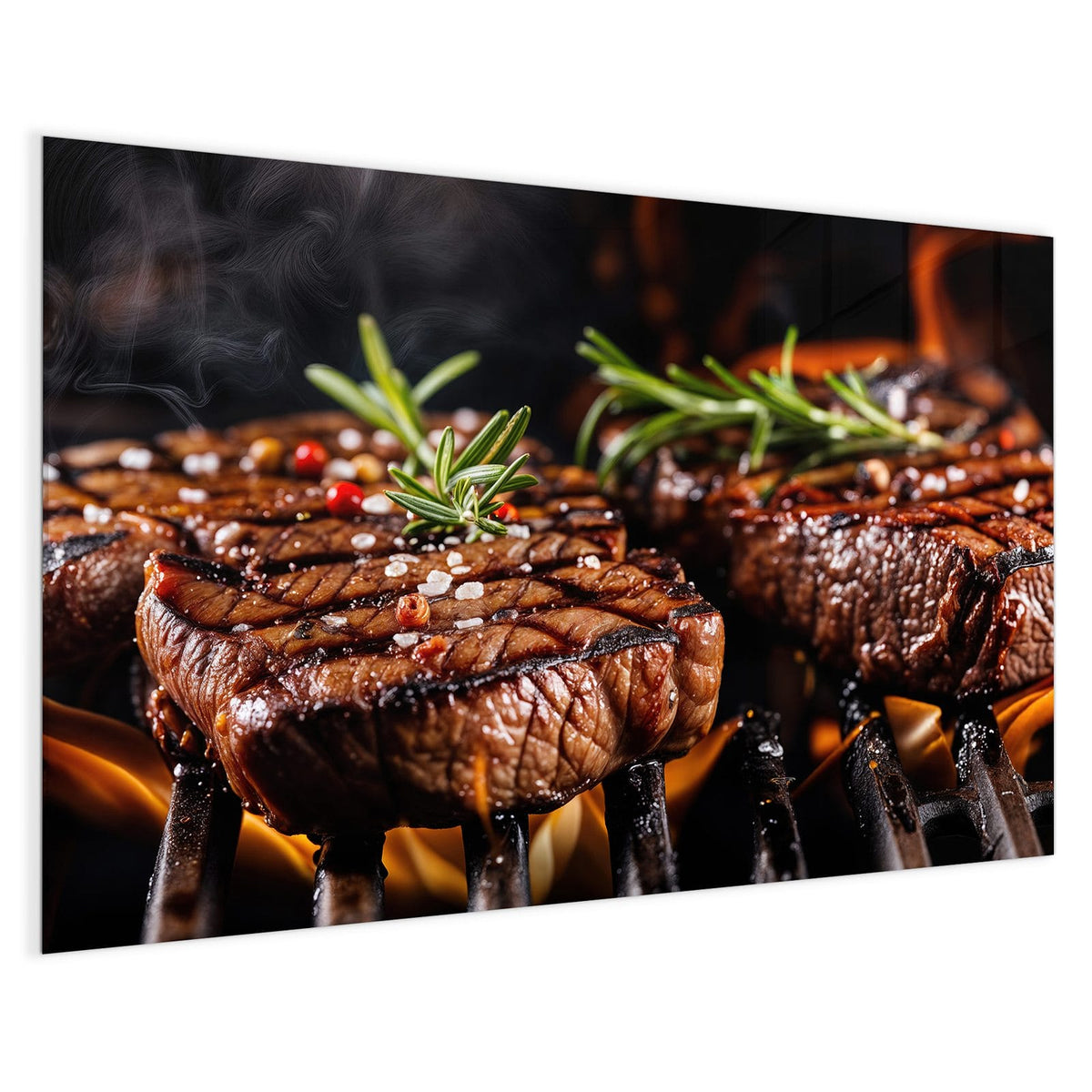 4 mm Glas statt lackiertem Blech – Magnettafel - Steaks über Flammen