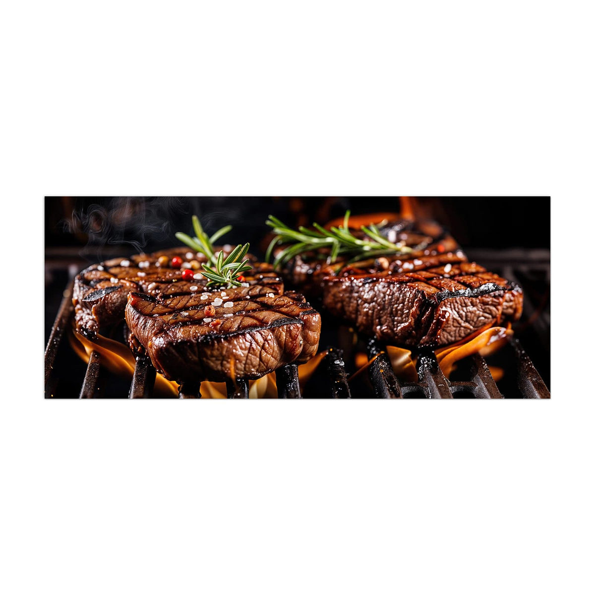 Küchenrückwand aus Glas Steaks über Flammen im Hochformat, Motiv bildfüllend von vorn