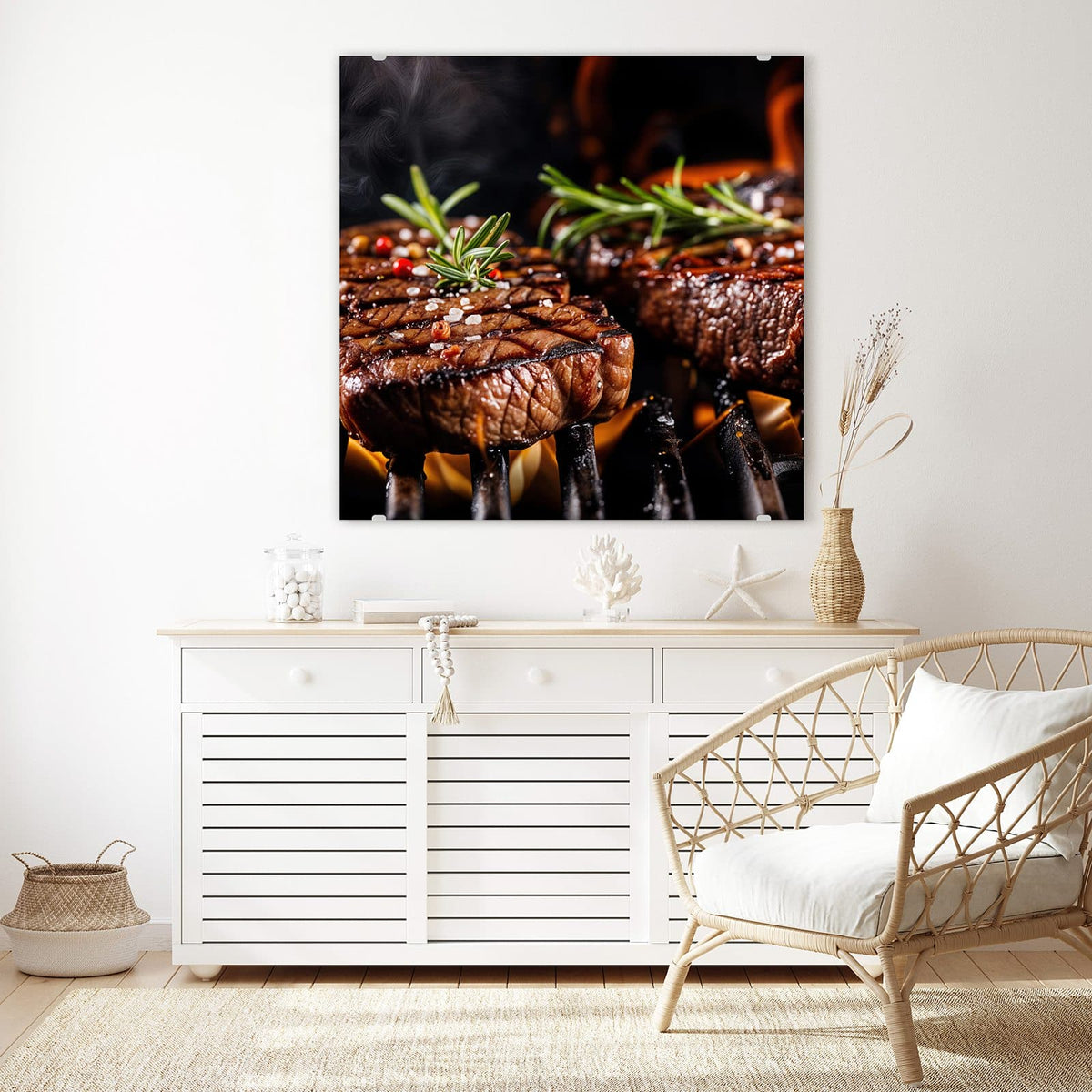 Echtglas, 4 mm – kein Acryl, keine Folie – Wandbild - Steaks über Flammen - Quadratisch