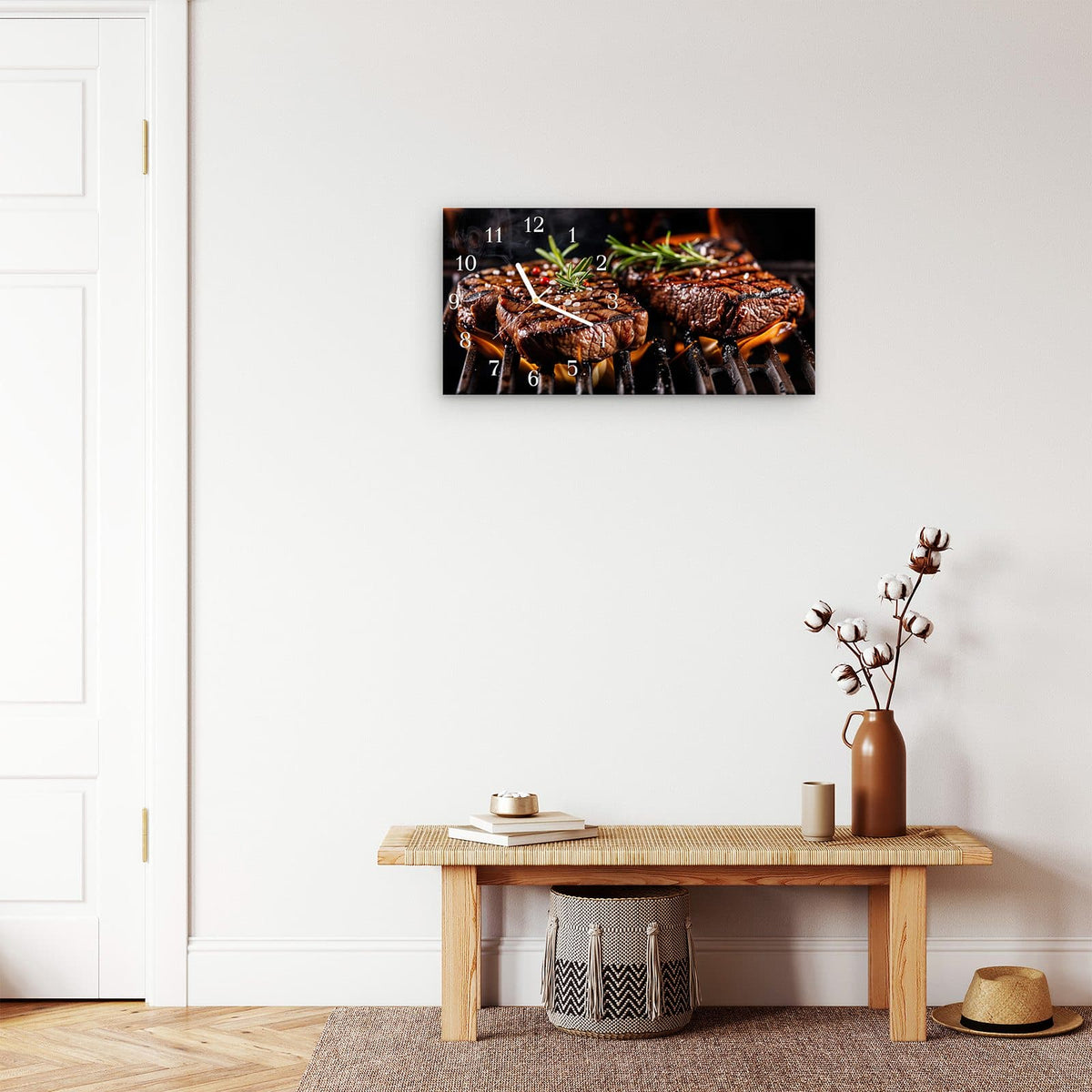 Moderne Wanduhr aus Glas mit Farbtiefe – Wanduhr Gegrillte Steaks aus Glas – Querformat 60 × 30 cm