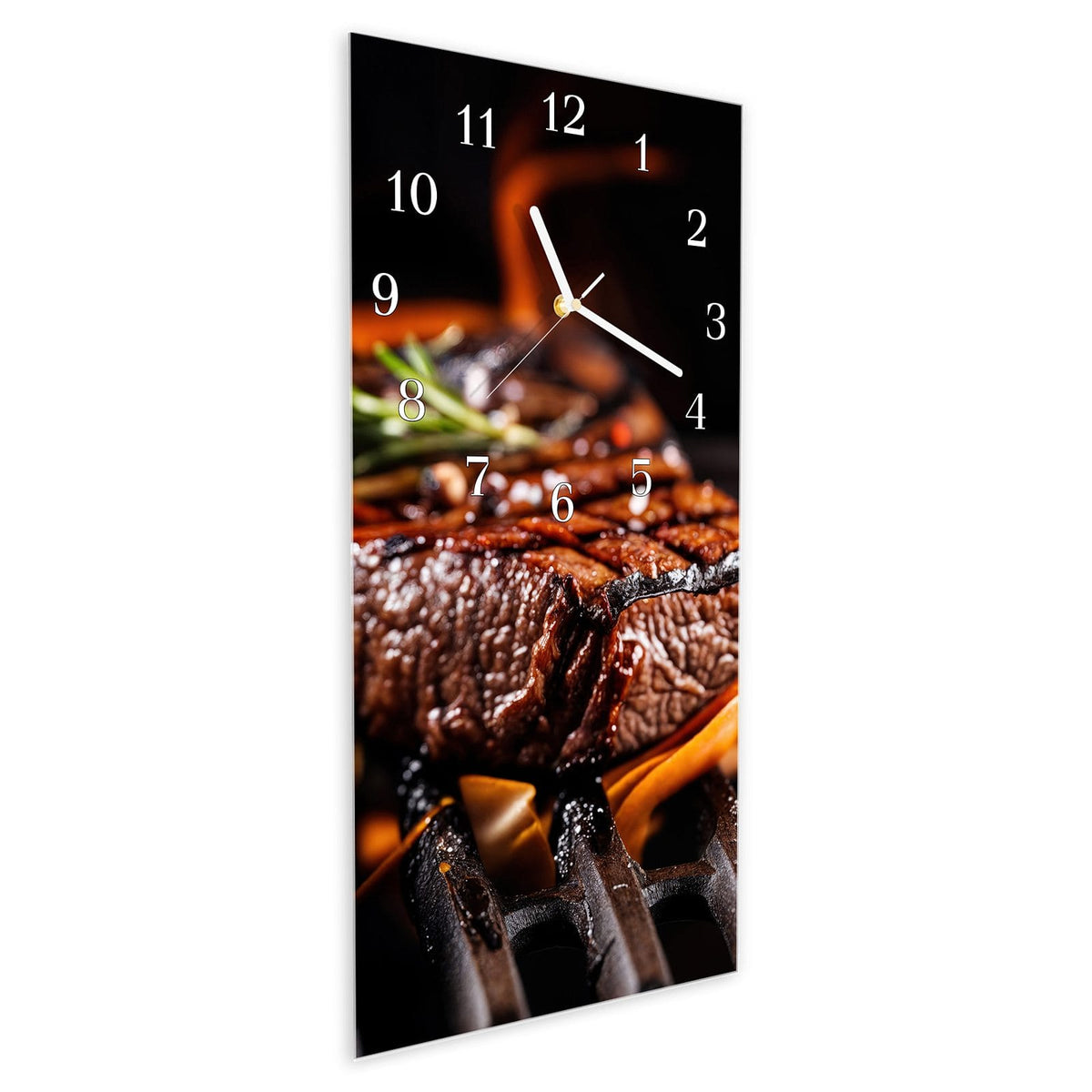 Vormontiert – mit Schwebeeffekt – Wanduhr Gegrillte Steaks aus Glas – Hochformat 30 × 60 cm
