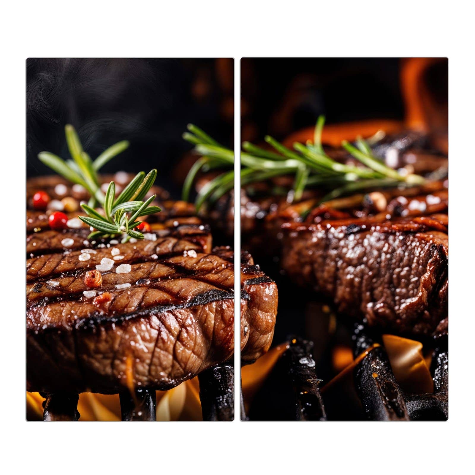 2-teilige Herdabdeckplatten für Ceranfeld mit Gegrillte Steaks-Motiv in der Frontansicht #grösse_2-Teilig (60x52cm)