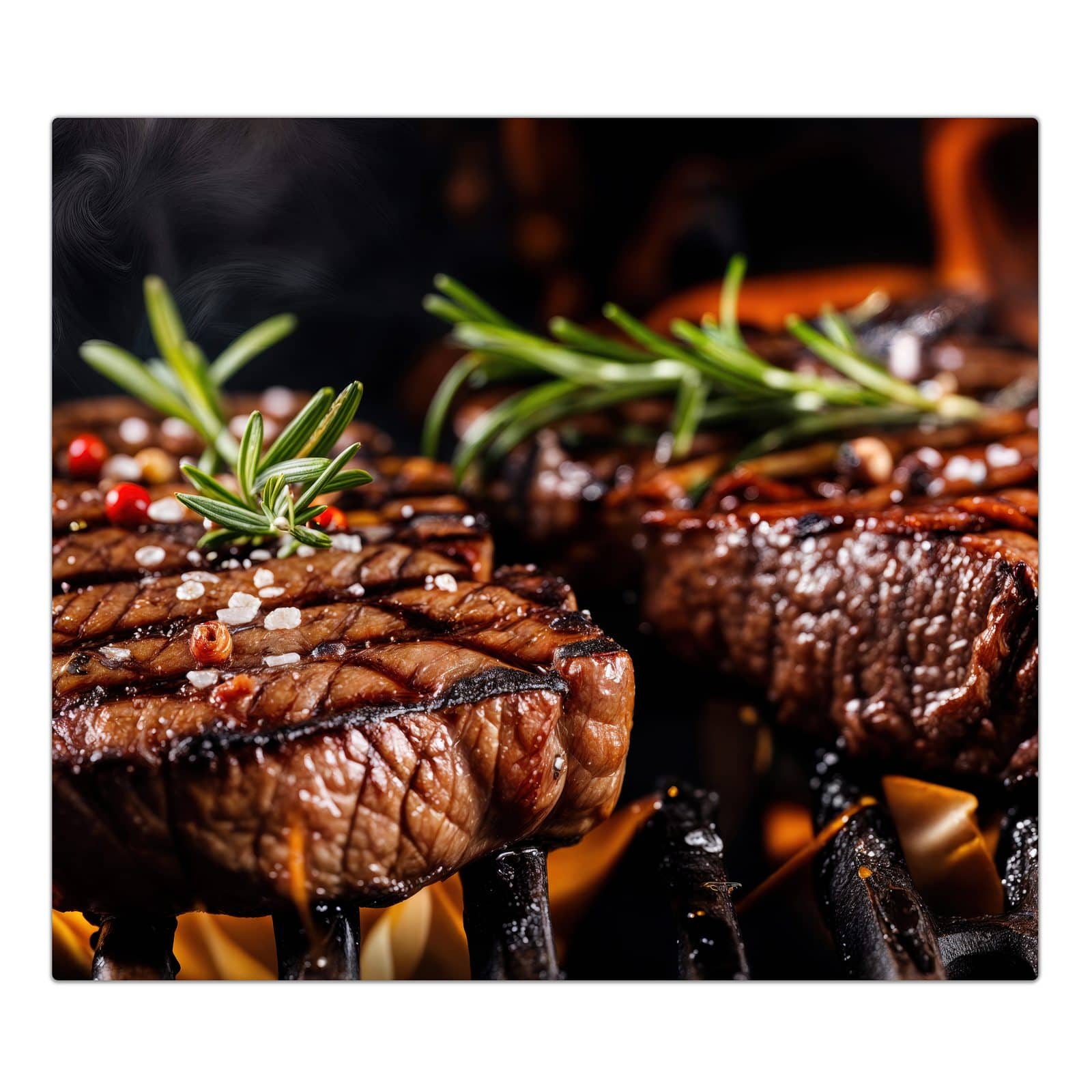 1-teilige Herdabdeckplatte mit Gegrillte Steaks-Motiv in der Frontansicht #grösse_1-Teilig (60x52cm)
