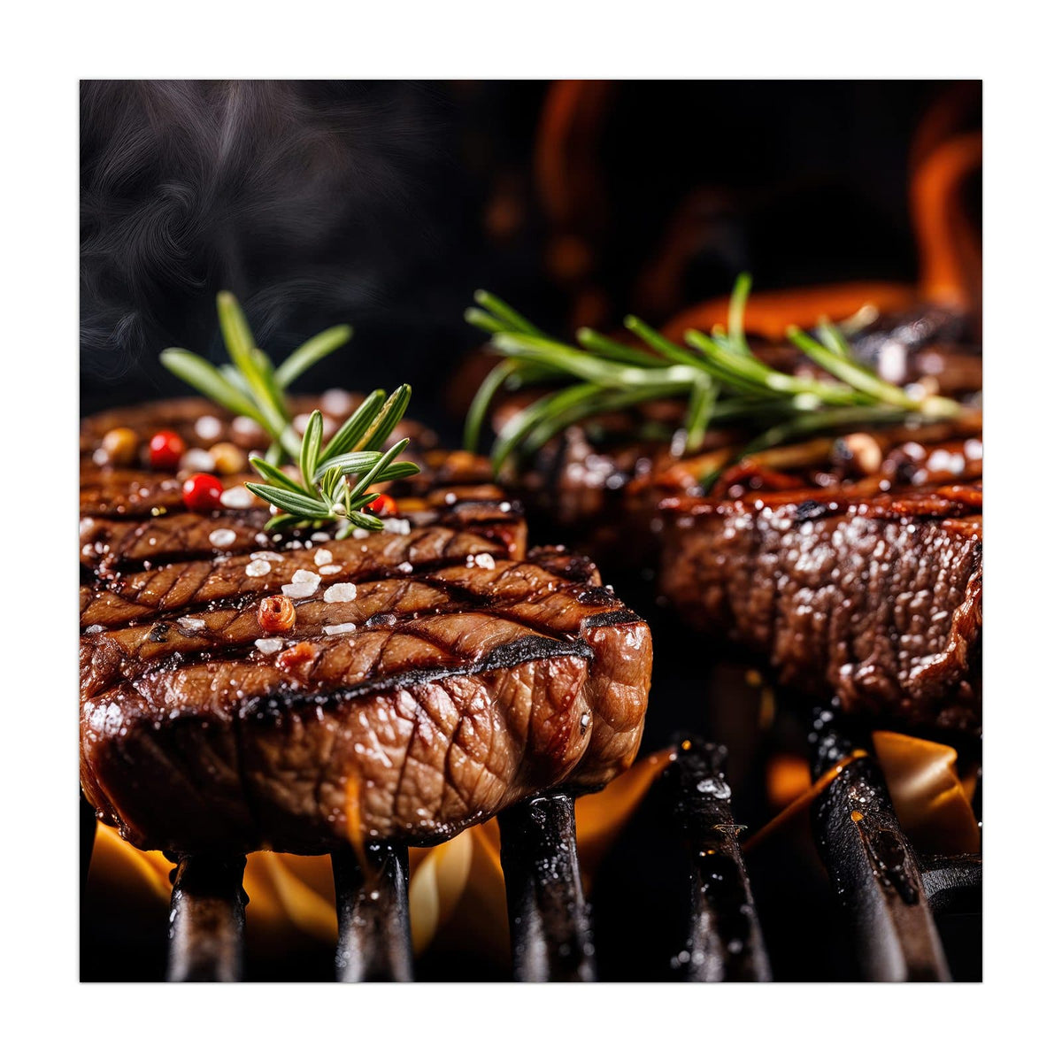 Zwei Steaks mit Rosmarin auf dem Grillrost, Flammen schlagen darunter hervor
