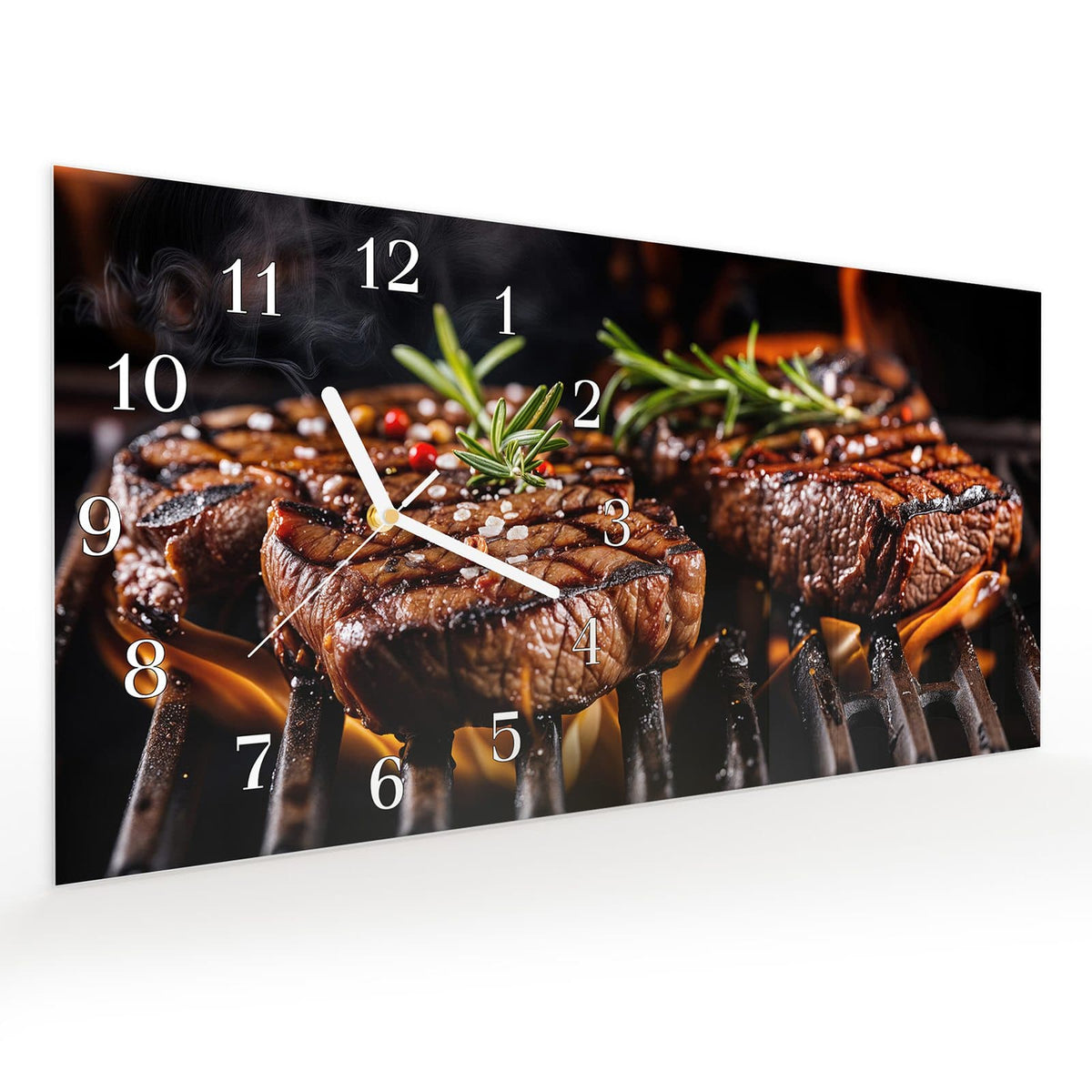 Vormontiert – mit Schwebeeffekt – Wanduhr Gegrillte Steaks aus Glas – Querformat 60 × 30 cm