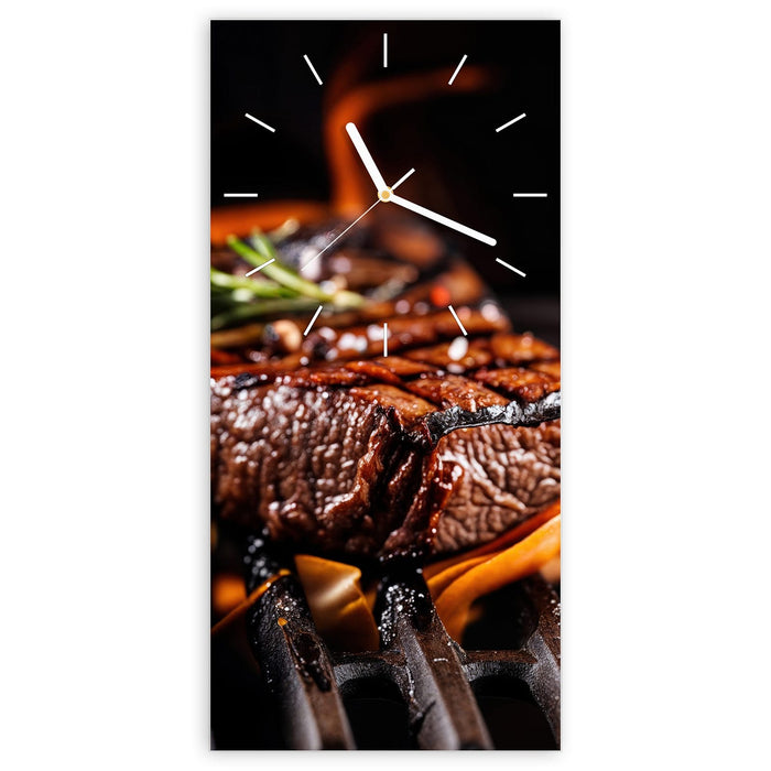 Wanduhr Gegrillte Steaks aus Glas – Hochformat 30 × 60 cm mit Ziffernblatt Linie