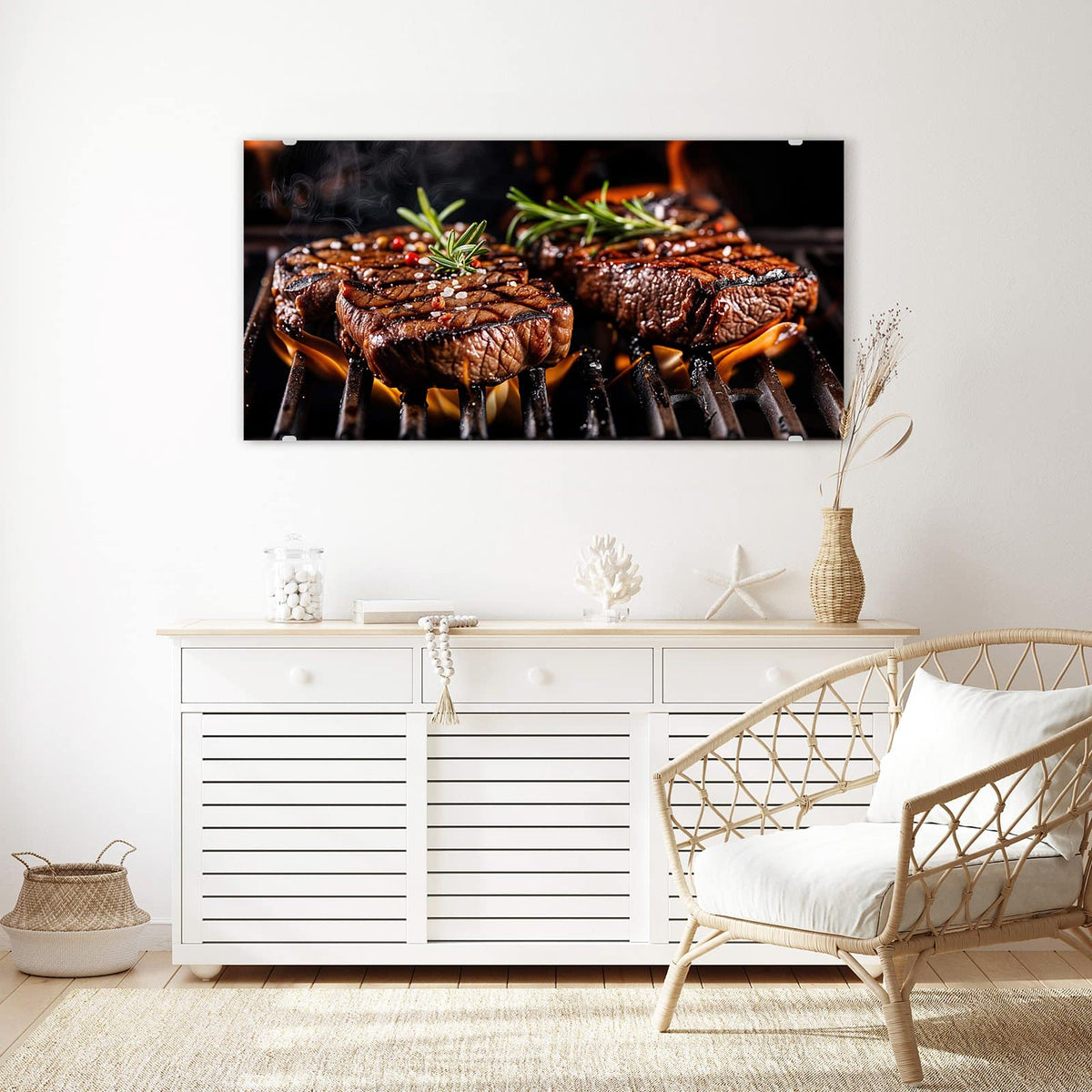 Echtglas, 4 mm – kein Acryl, keine Folie – Wandbild - Steaks über Flammen - Querformat