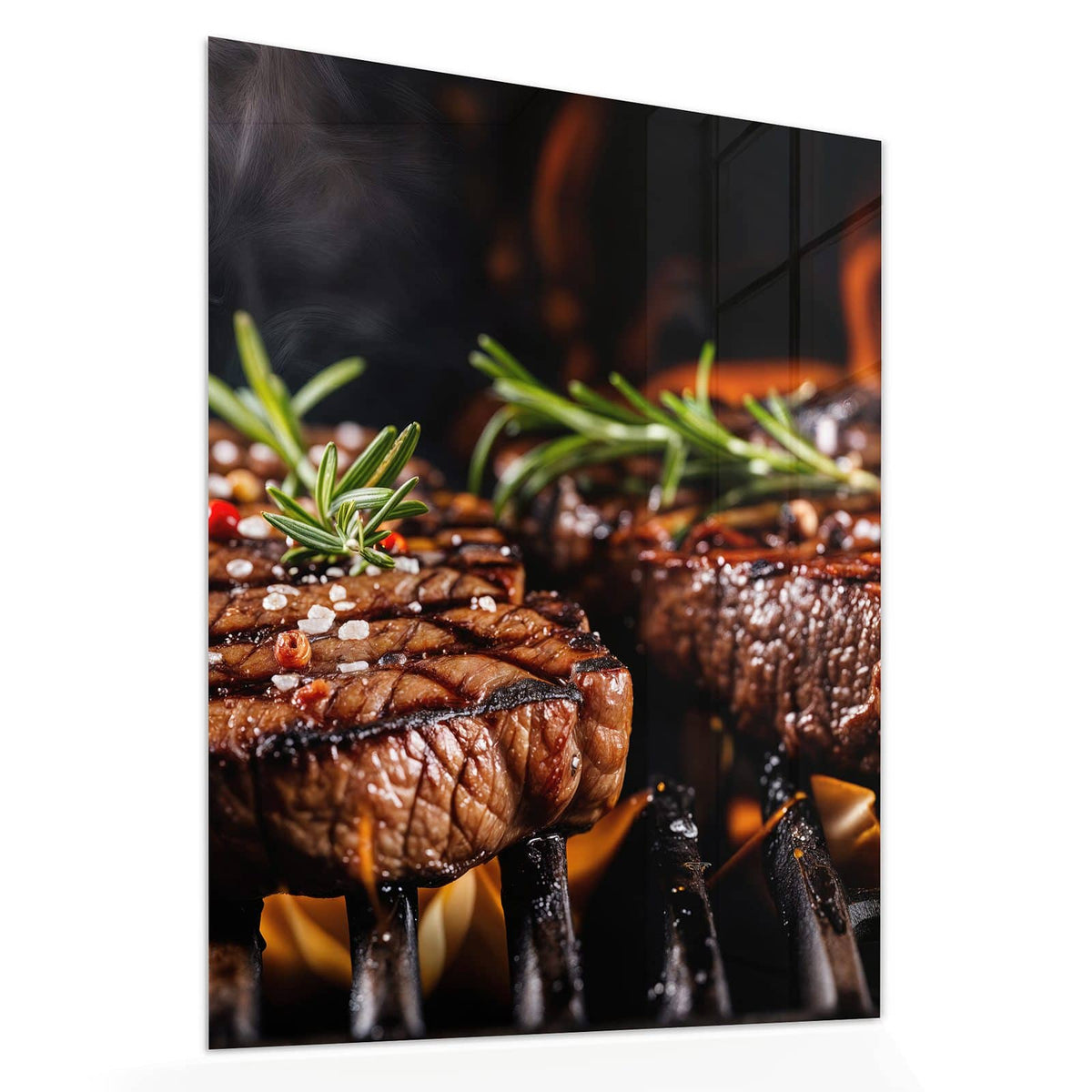Echtglas, 4 mm – kein Acryl, keine Folie – Wandbild - Steaks über Flammen - Hochformat