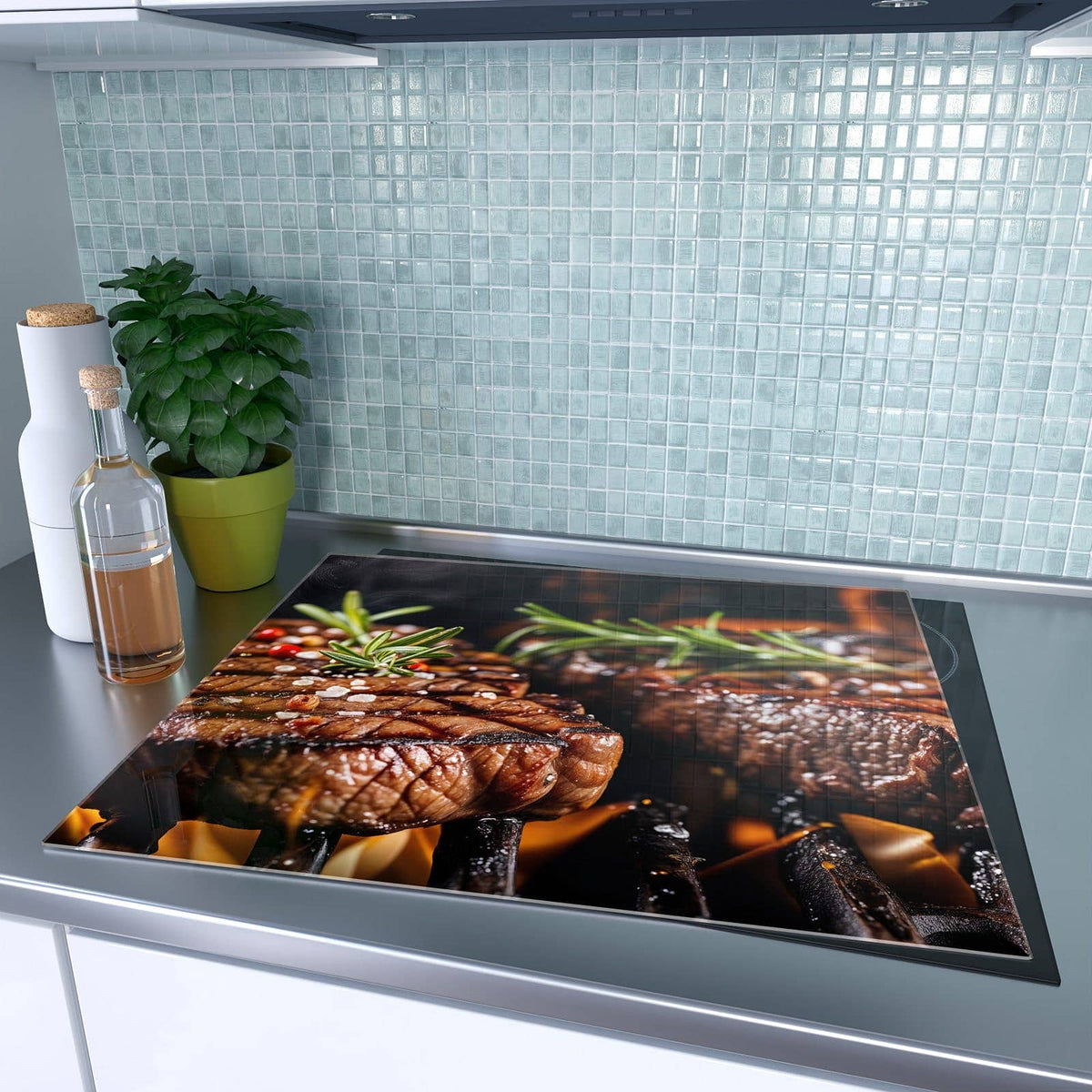 1-teilige Herdabdeckplatte mit Gegrillte Steaks-Motiv auf dem Ceranfeld