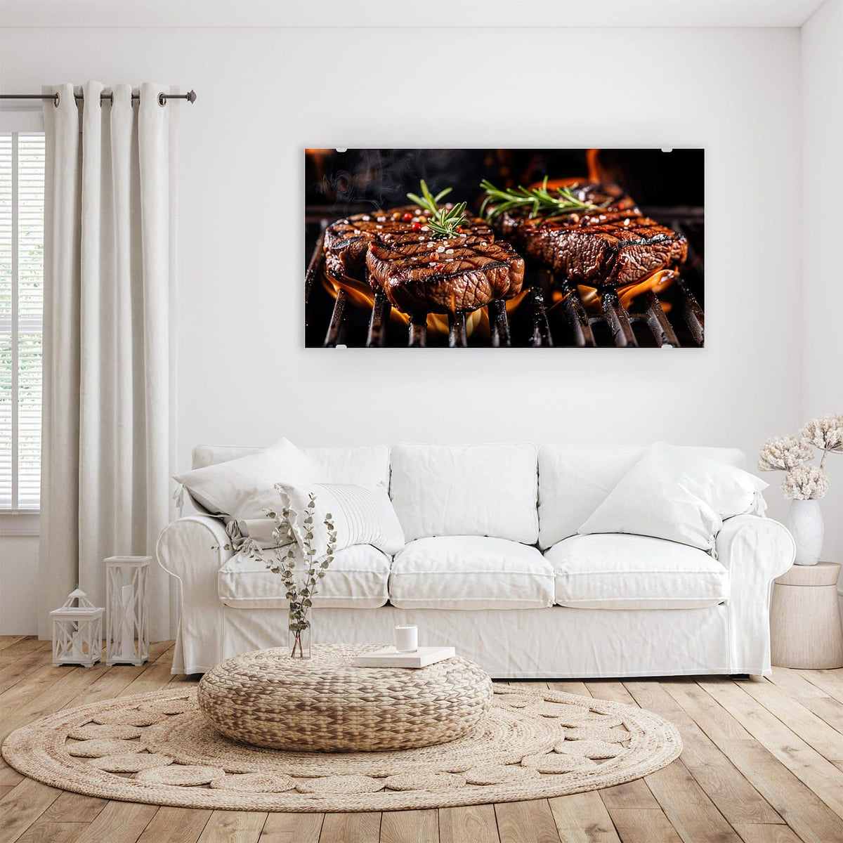 Wandbild - Steaks über Flammen - Querformat – Steaks über Flammen mit Rosmarin