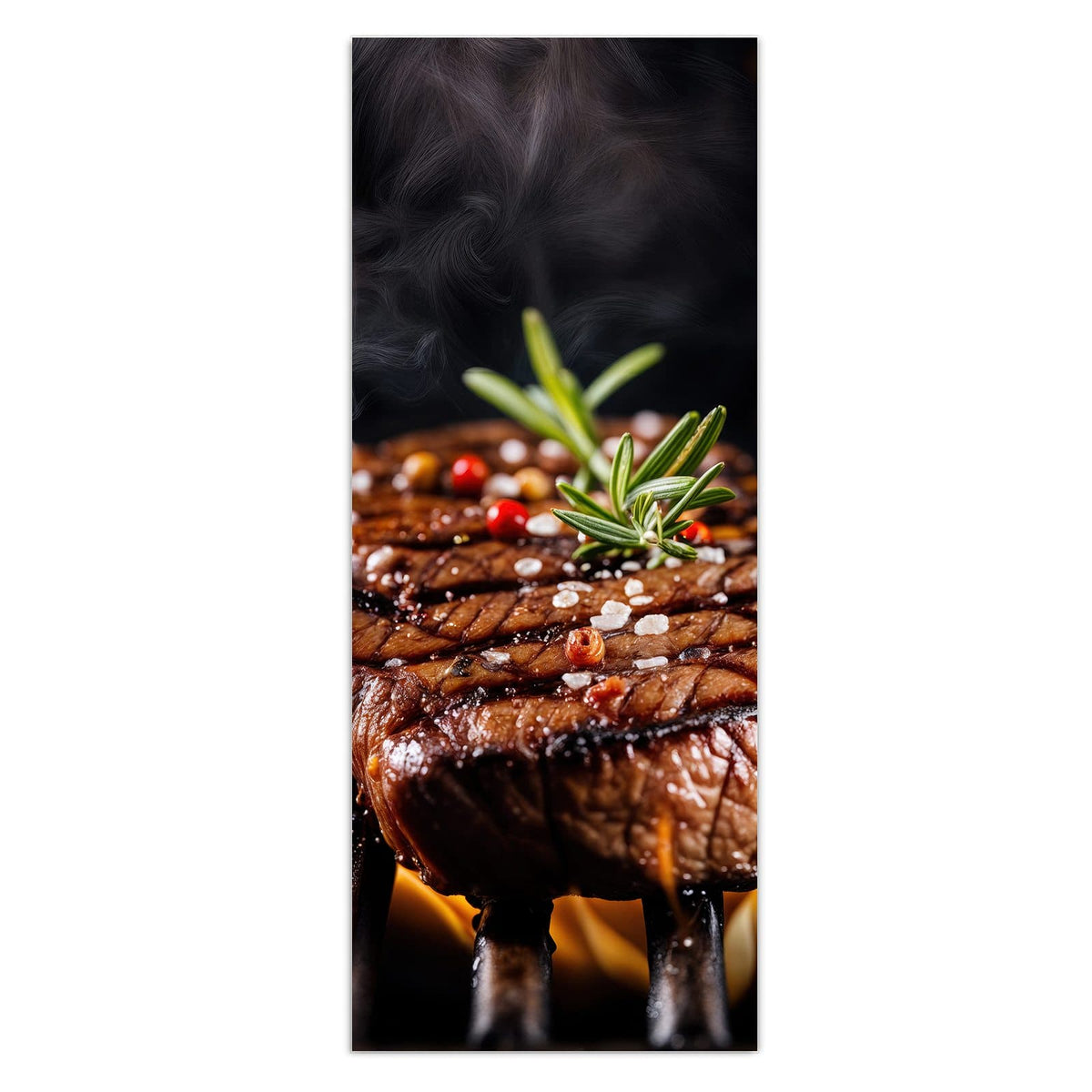 Wandbild - Steaks über Flammen - Hochformat – Steaks über Flammen mit Rosmarin