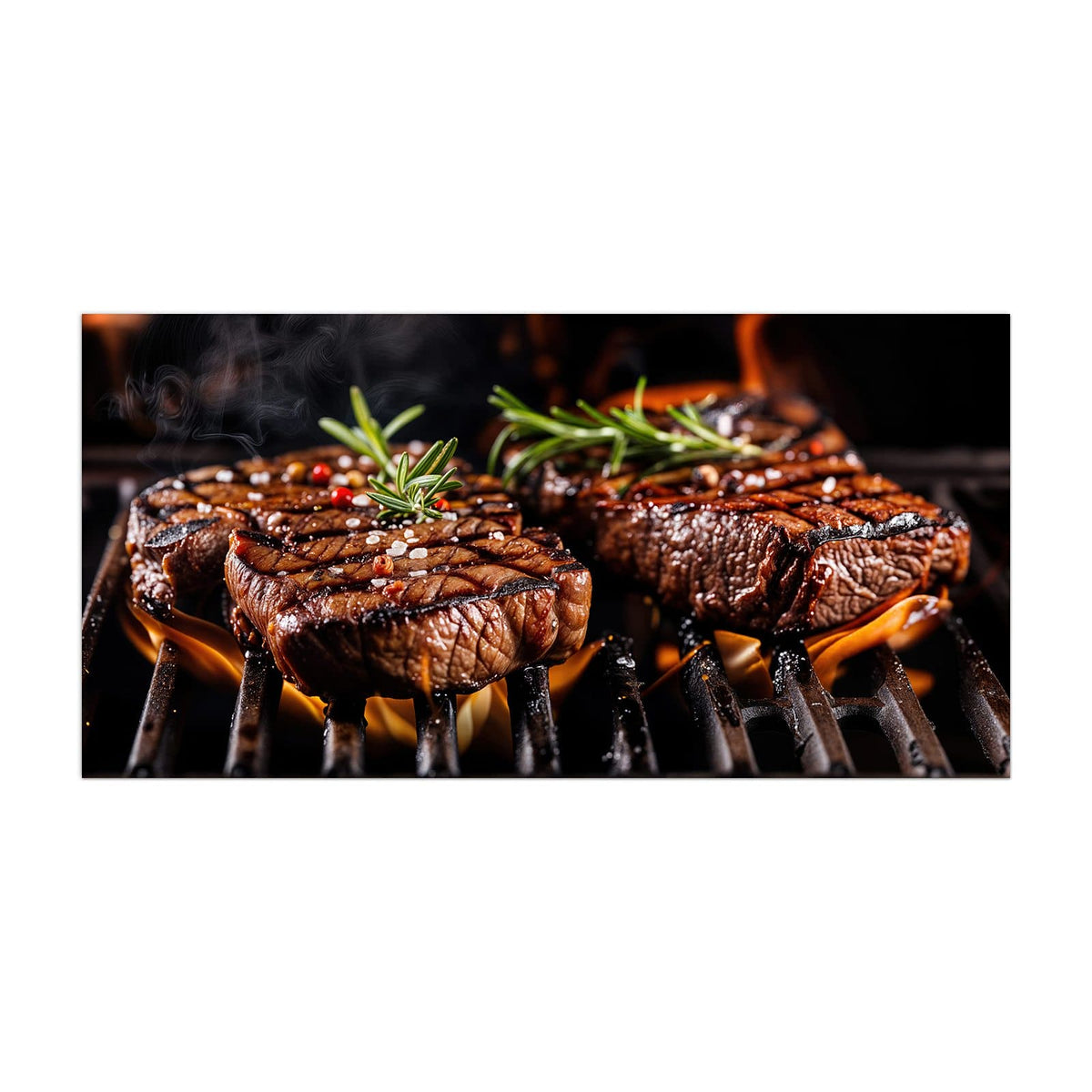 Küchenrückwand aus Glas Steaks über Flammen im Hochformat, Motiv bildfüllend von vorn