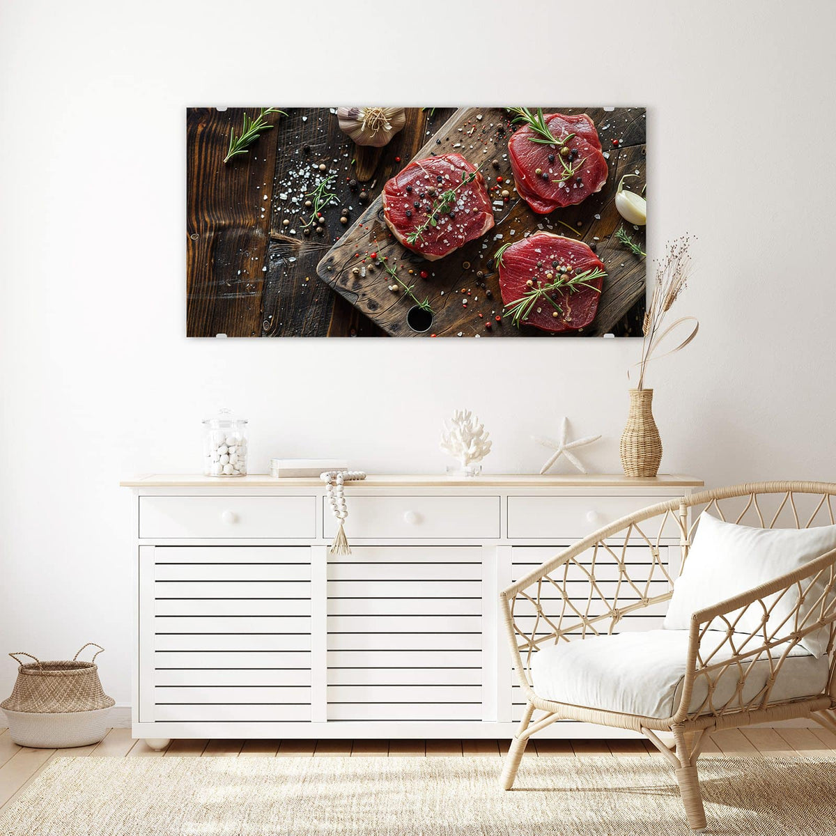 Echtglas, 4 mm – kein Acryl, keine Folie – Wandbild - Steaks mit Knoblauch - Querformat
