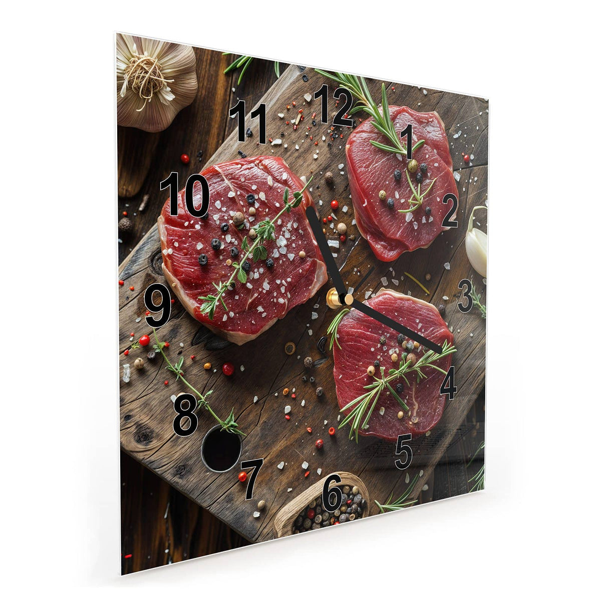 Quadratische Wanduhr aus Glas Steaks mit Knoblauch schräg von der Seite, 4 mm starkes Glas