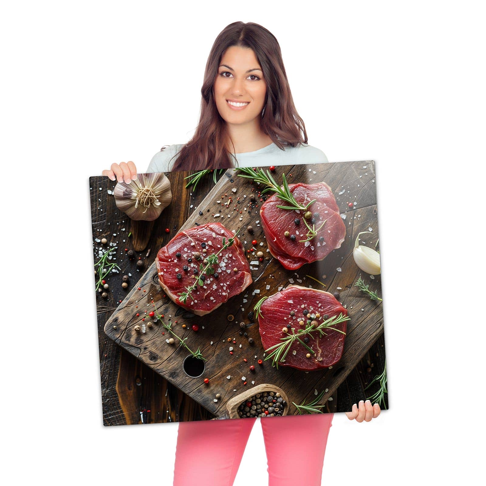 1-teilige Herd Schutzplatte mit Frische Gewürze-Motiv wird zur Größendarstellung gehalten